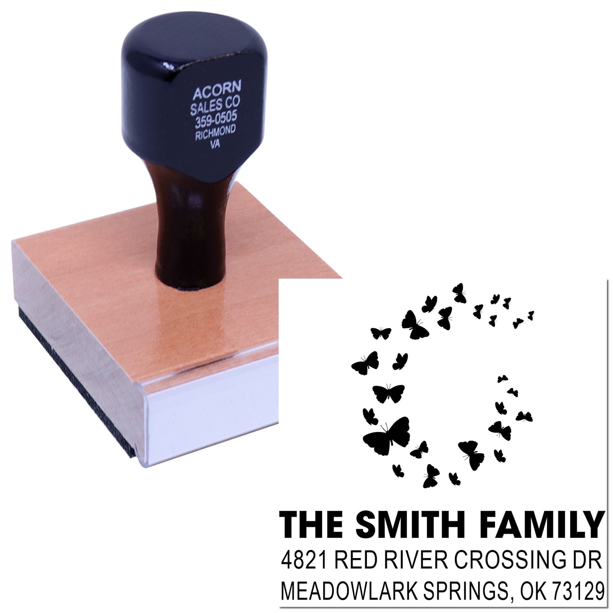 Custom butterfly family address rubber stamp with The Smith Family name and Meadowlark Springs, OK return address for envelopes, mail, and cards.