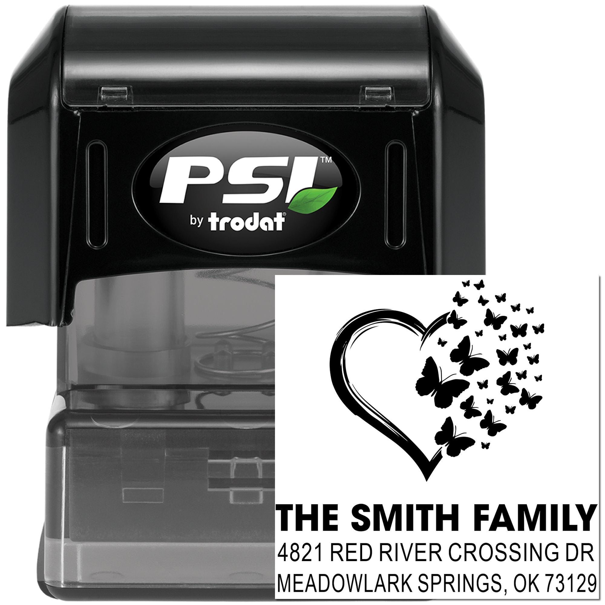 Custom self-inking address stamp with butterfly heart design, PSI by Trodat rubber stamp for The Smith Family, Meadowlark Springs, OK 73129