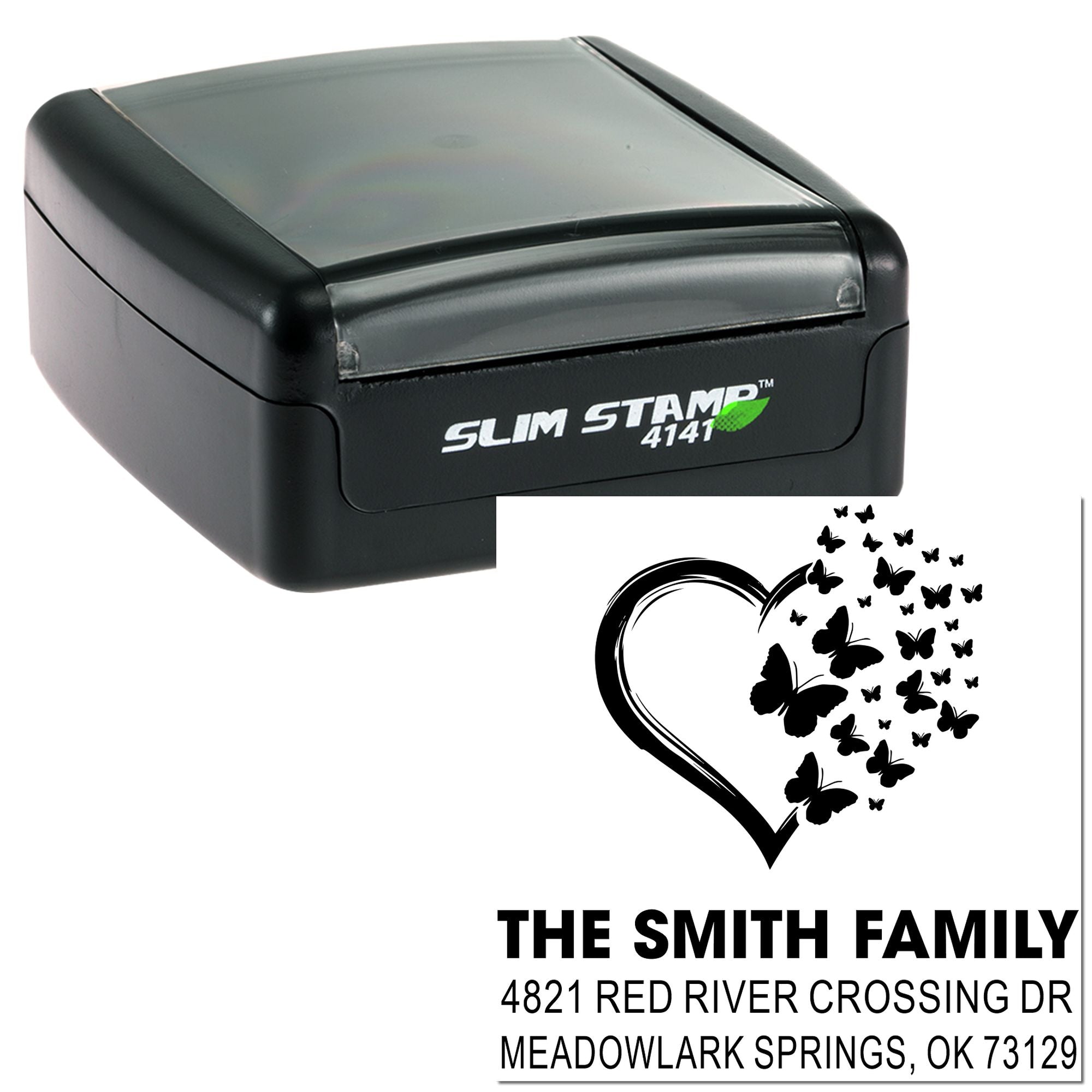 Custom slim self-inking rubber stamp with butterfly heart design and return address imprint for The Smith Family, personalized mailing stamp