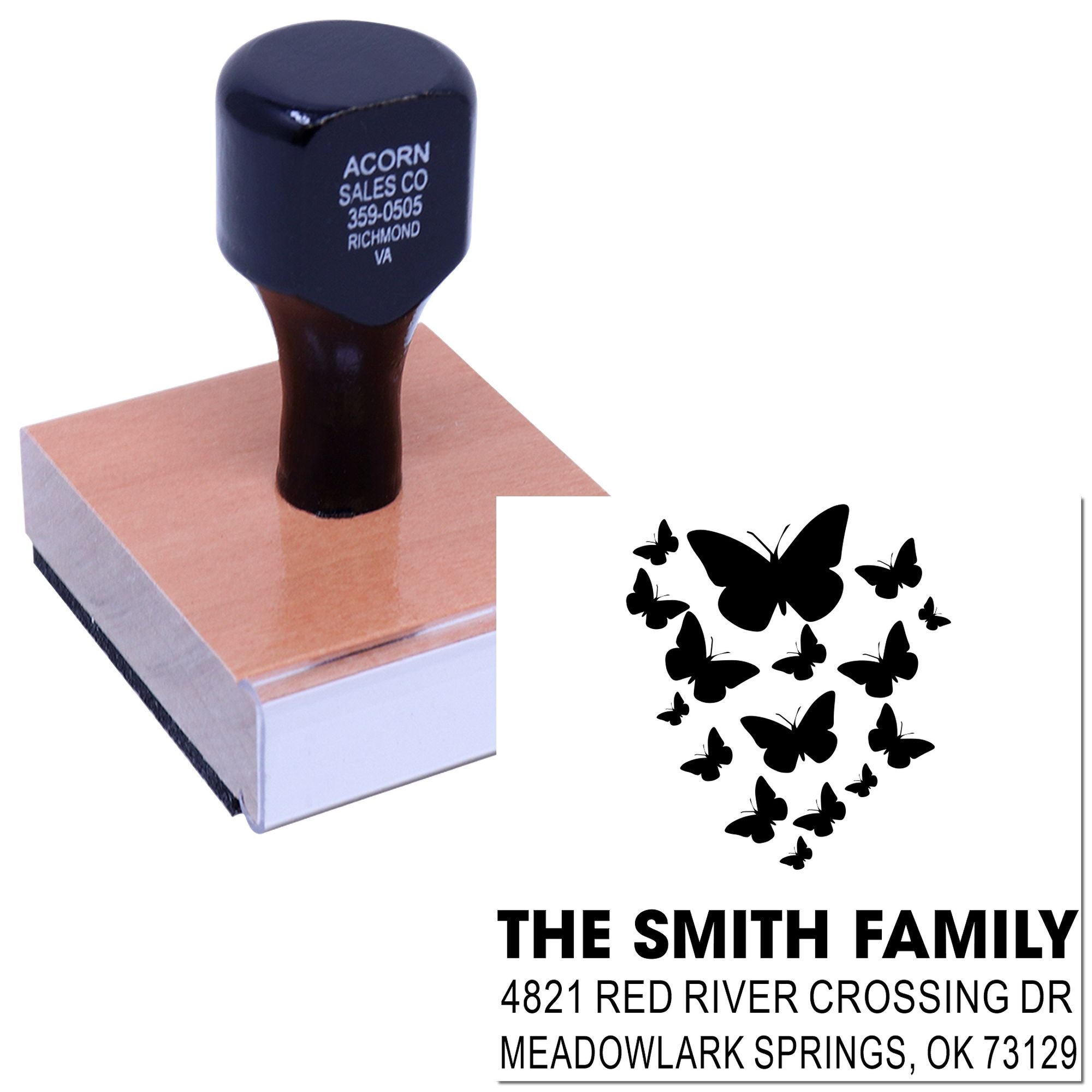 Custom self-inking rubber address stamp with butterfly design and personalized family name and address, ideal for envelopes, cards, crafts, and mailing.