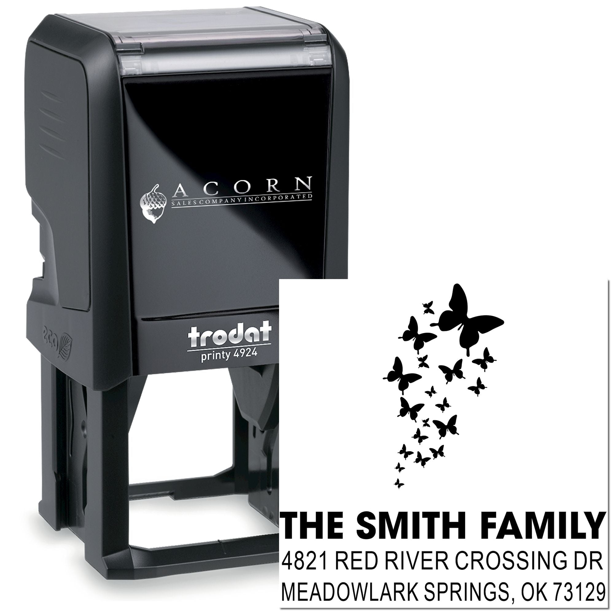 Custom black self-inking rubber stamp with butterfly return address design, Trodat Printy 4924, personalized family address stamp for envelopes