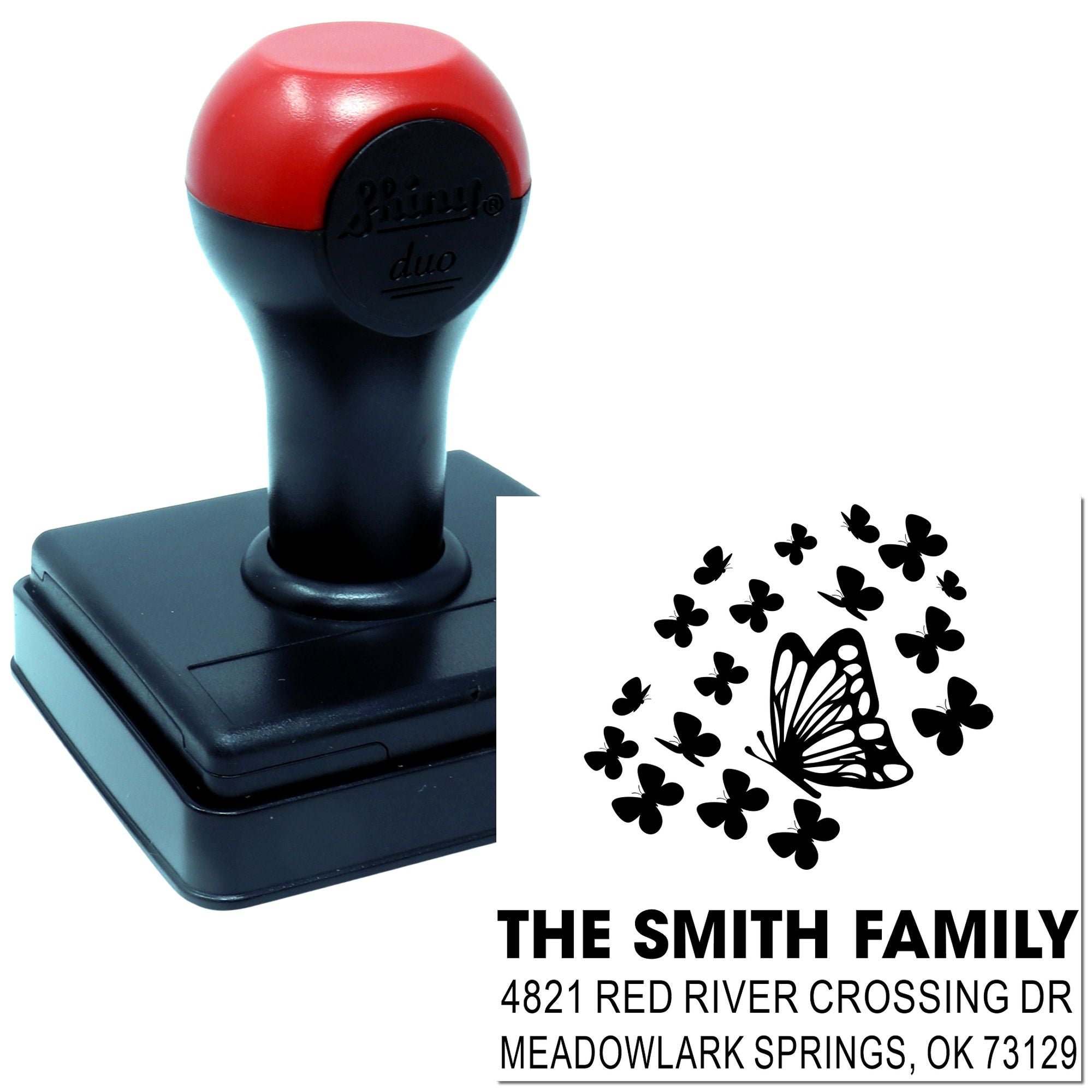 Custom self-inking rubber address stamp with butterfly design, The Smith Family name and return address for envelopes, mail, and home stationery