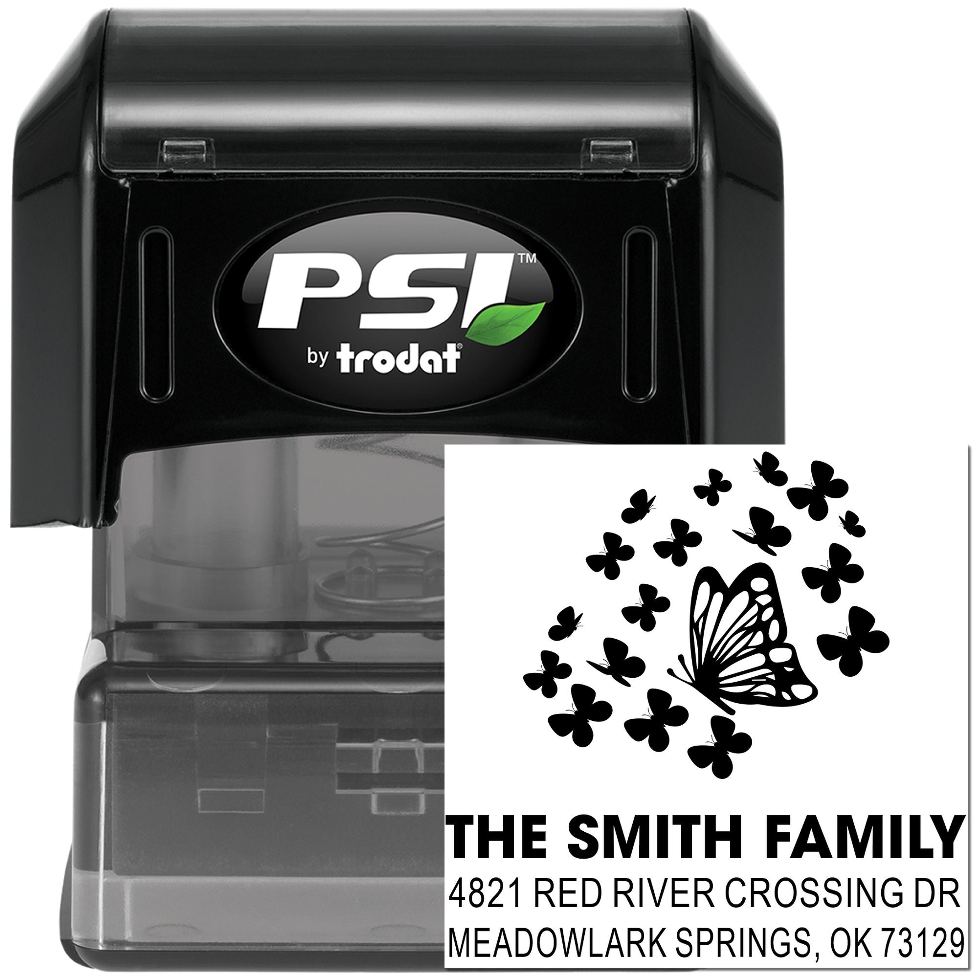 PSI by Trodat self-inking rubber address stamp with butterfly design, custom family name and return address, black durable stamp case for mail