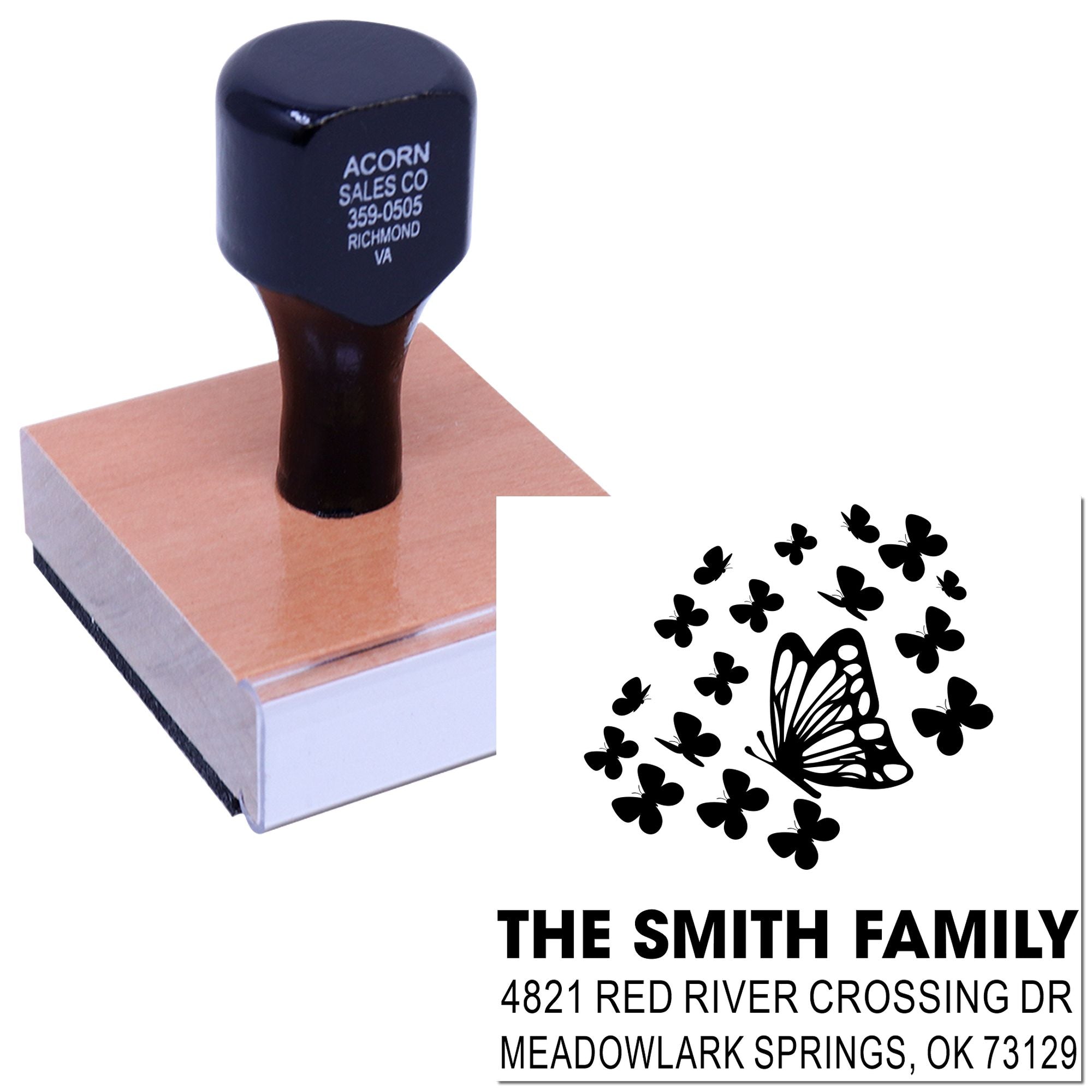 Custom rubber address stamp with butterfly design and family name for mailing envelopes, wedding stationery, and personal correspondence.
