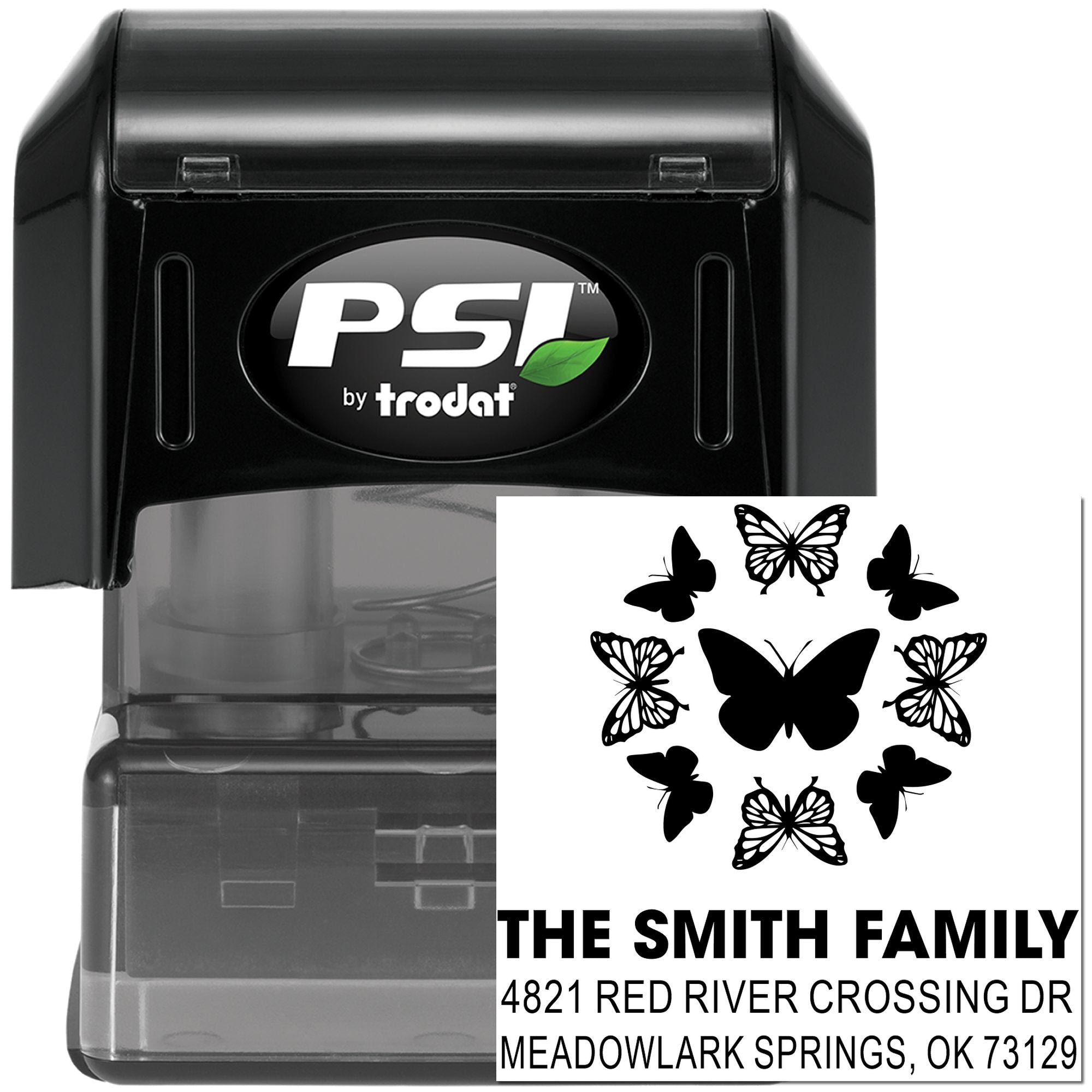 Custom self-inking rubber address stamp with butterfly design for The Smith Family, featuring return address and PSI by Trodat case