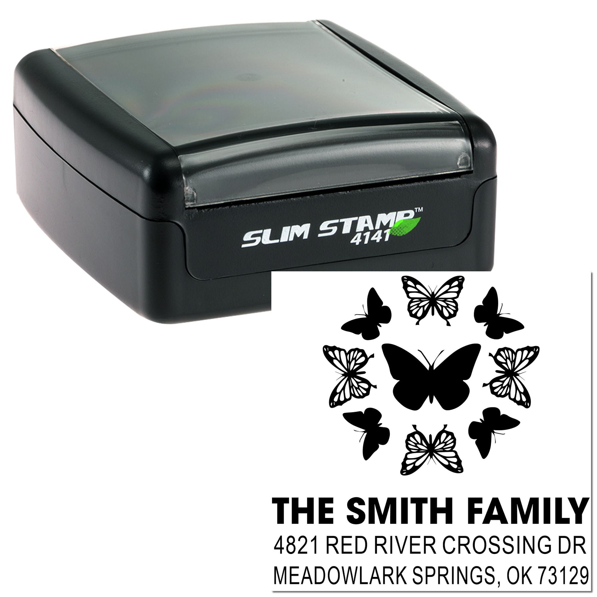 Slim Stamp 4141 custom address rubber stamp with butterfly design and The Smith Family return address imprint for personalized mailing use