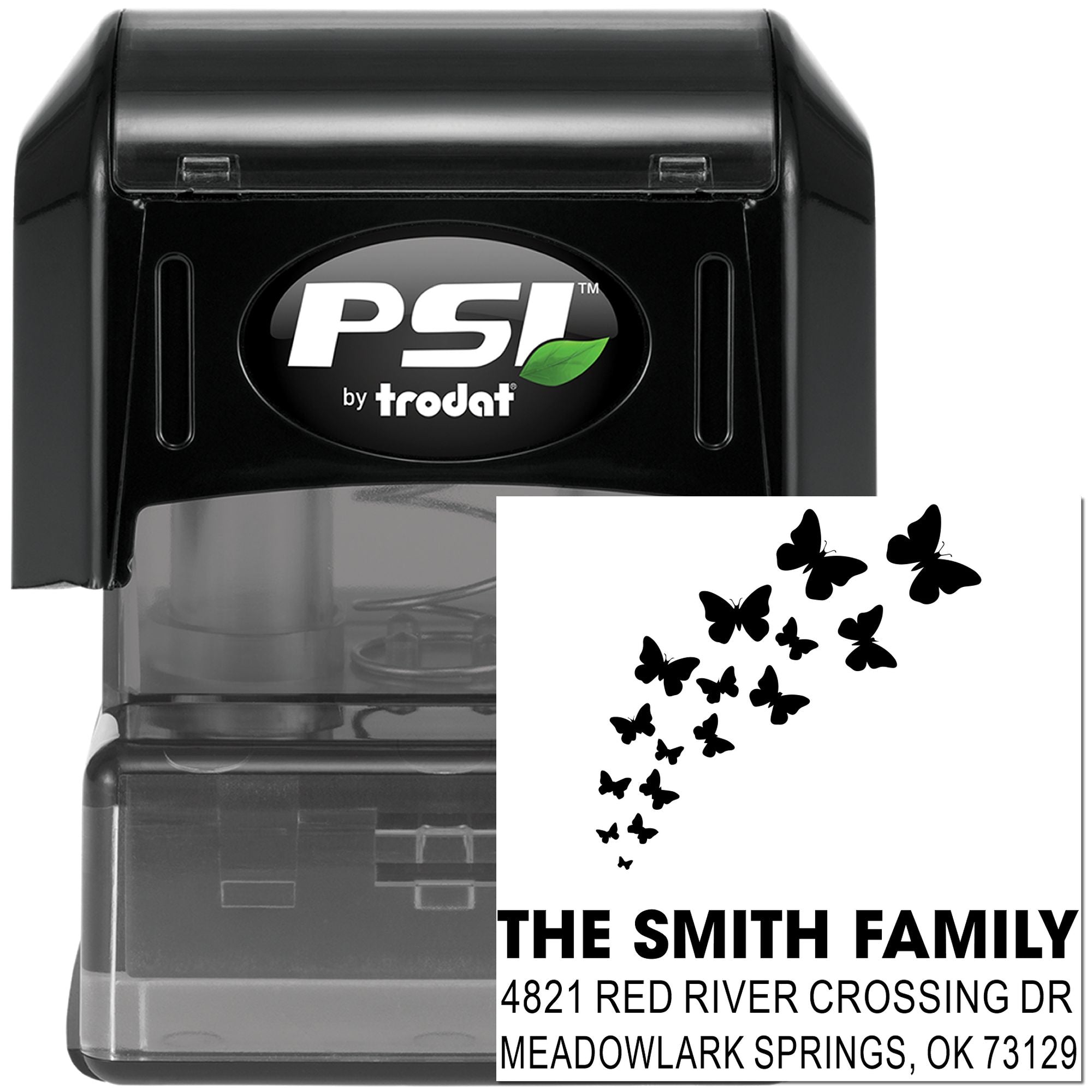 PSI by Trodat self-inking address stamp with butterfly design, custom family name and return address, black rubber stamp for mail and crafts