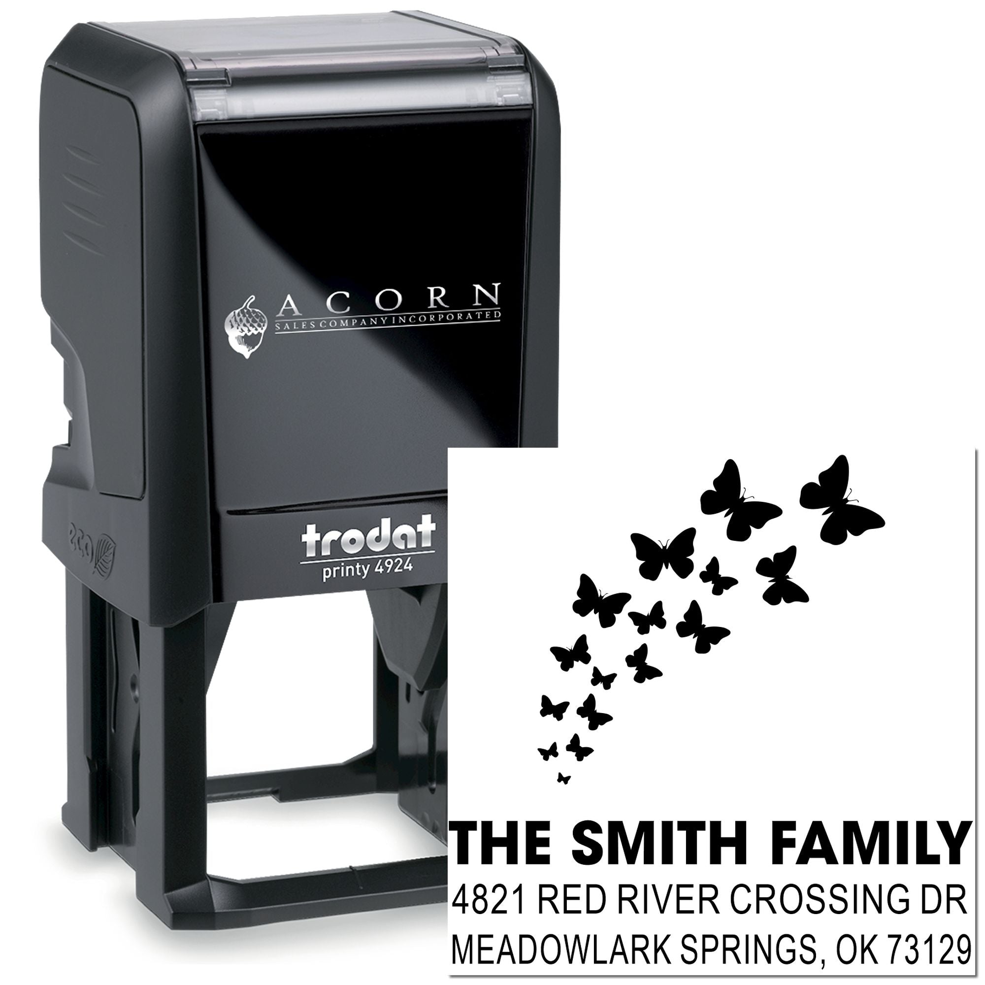 Custom self-inking address stamp with butterfly design, Trodat Printy 4924 rubber stamp for The Smith Family, personalized mailing address
