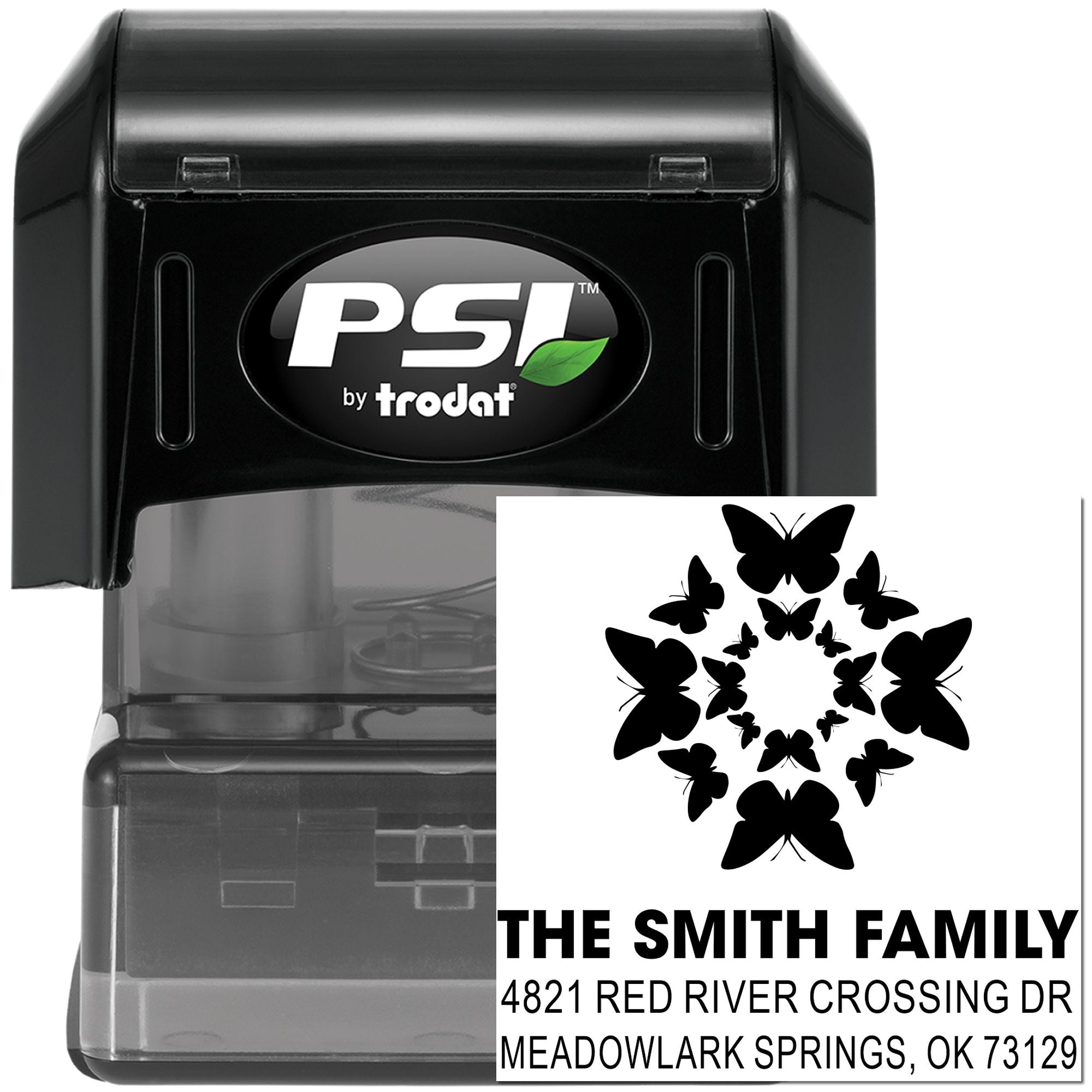 Custom self-inking rubber address stamp with butterfly design, family name, and mailing address, PSI by Trodat personalized return address stamp