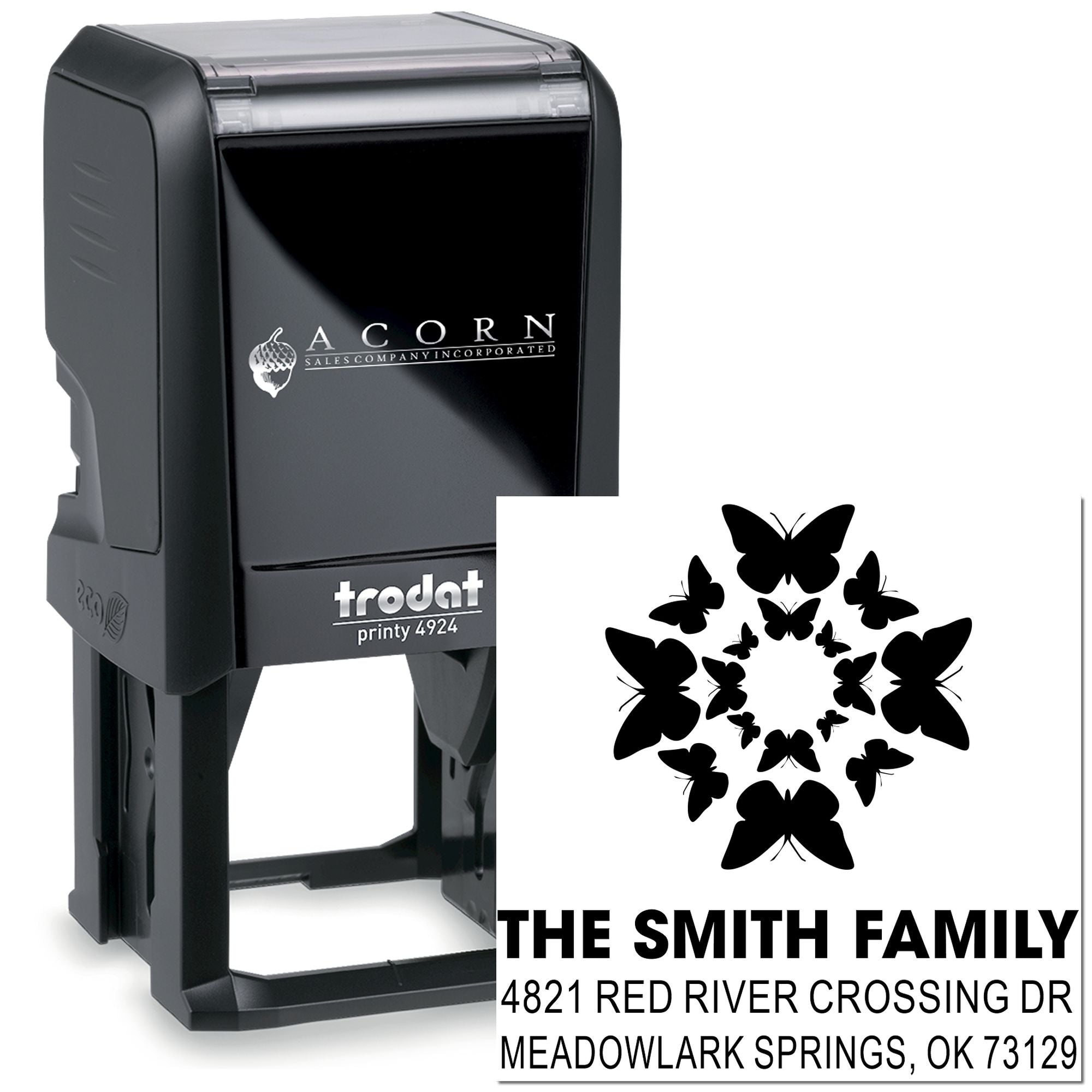 Custom self-inking rubber address stamp with butterfly family design, The Smith Family name, and return address for personalized mail use
