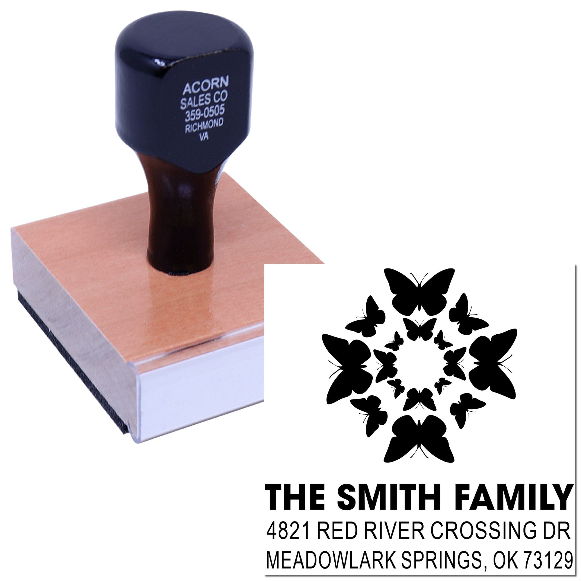 Personalized butterfly family return address rubber stamp with self-inking design, The Smith Family, Meadowlark Springs OK, for envelopes and cards