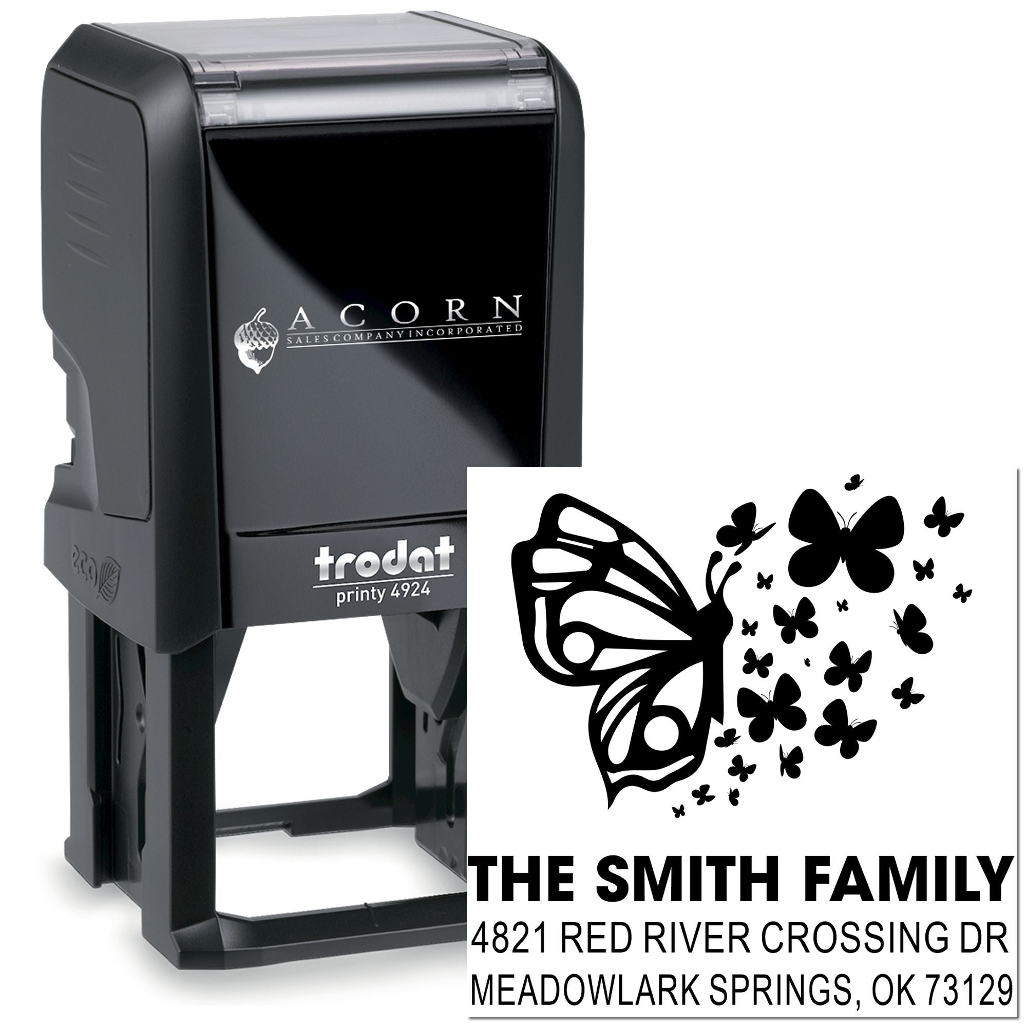 Custom self-inking rubber stamp with butterfly design and The Smith Family return address, featuring a Trodat Printy 4924 black stamp.