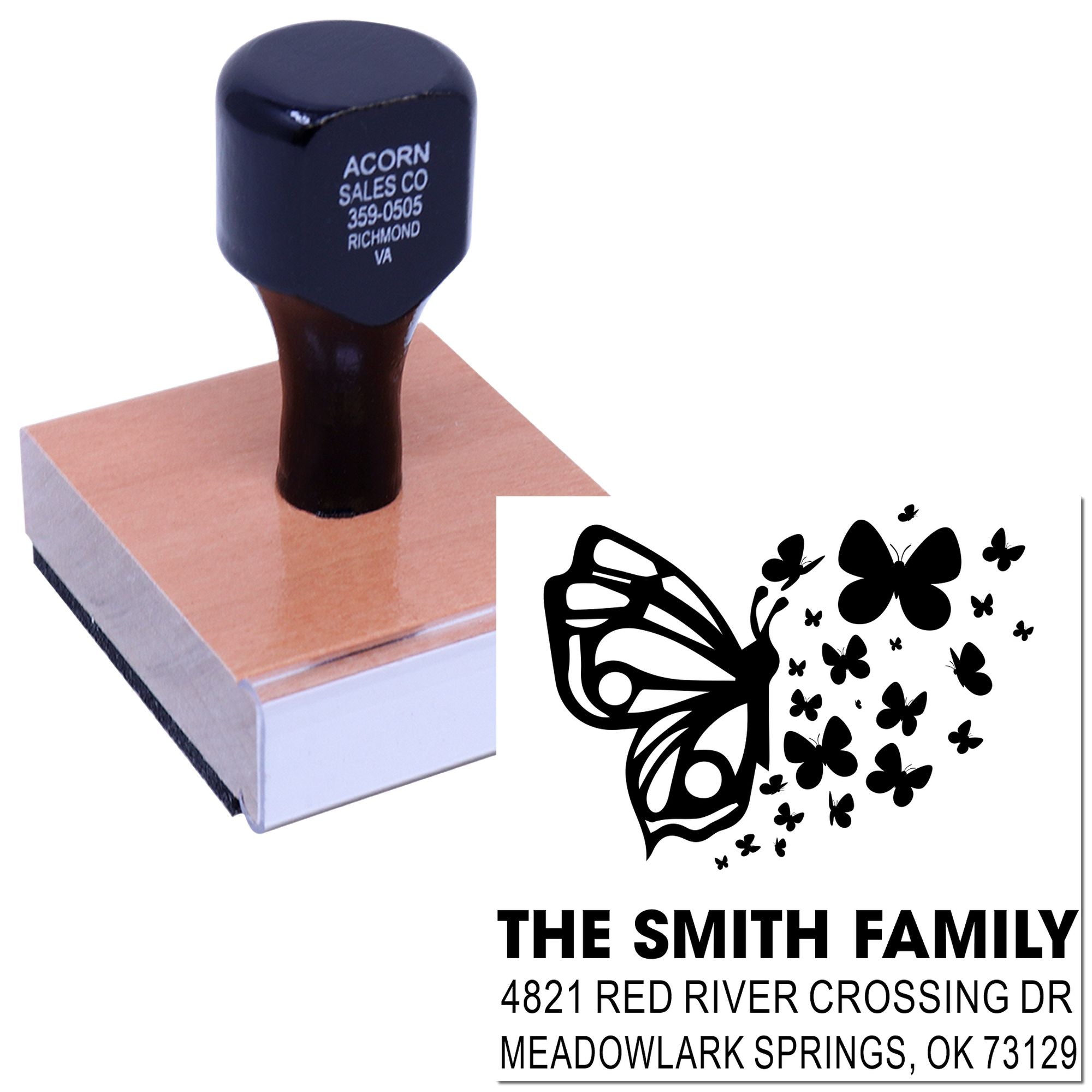 Custom butterfly family address rubber stamp with personalized name and address, ideal for wedding invitations, home mail, and business branding