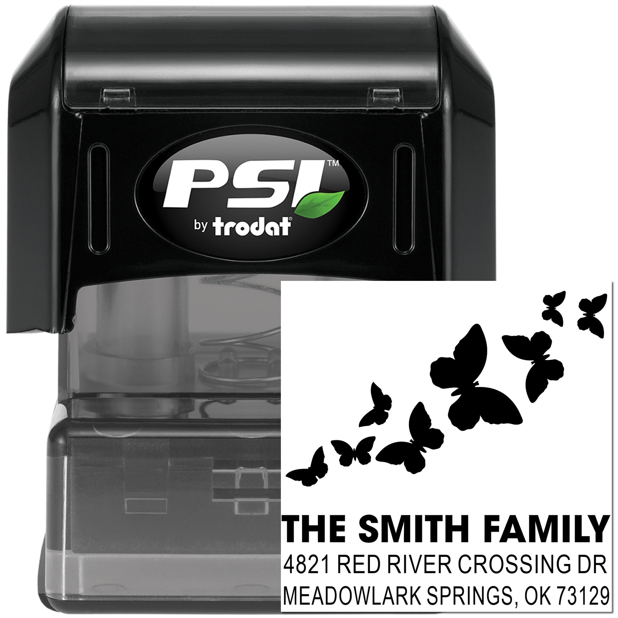 Custom self-inking address stamp with butterfly design, PSI by Trodat, for The Smith Family, 4821 Red River Crossing Dr, Meadowlark Springs OK