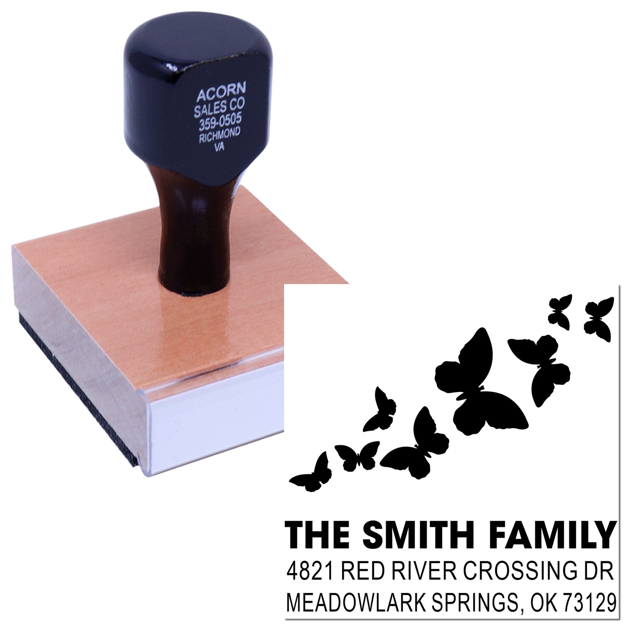 Custom butterfly return address rubber stamp with family name and mailing address, self-inking personalized wood mount stamp for envelopes
