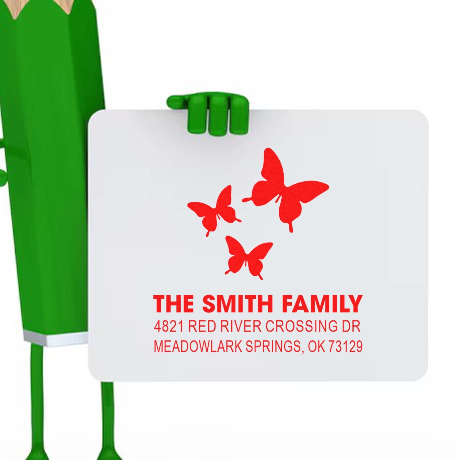 Custom butterfly family address rubber stamp with green handle, featuring The Smith Family name and mailing address in red text for personalized envelopes.
