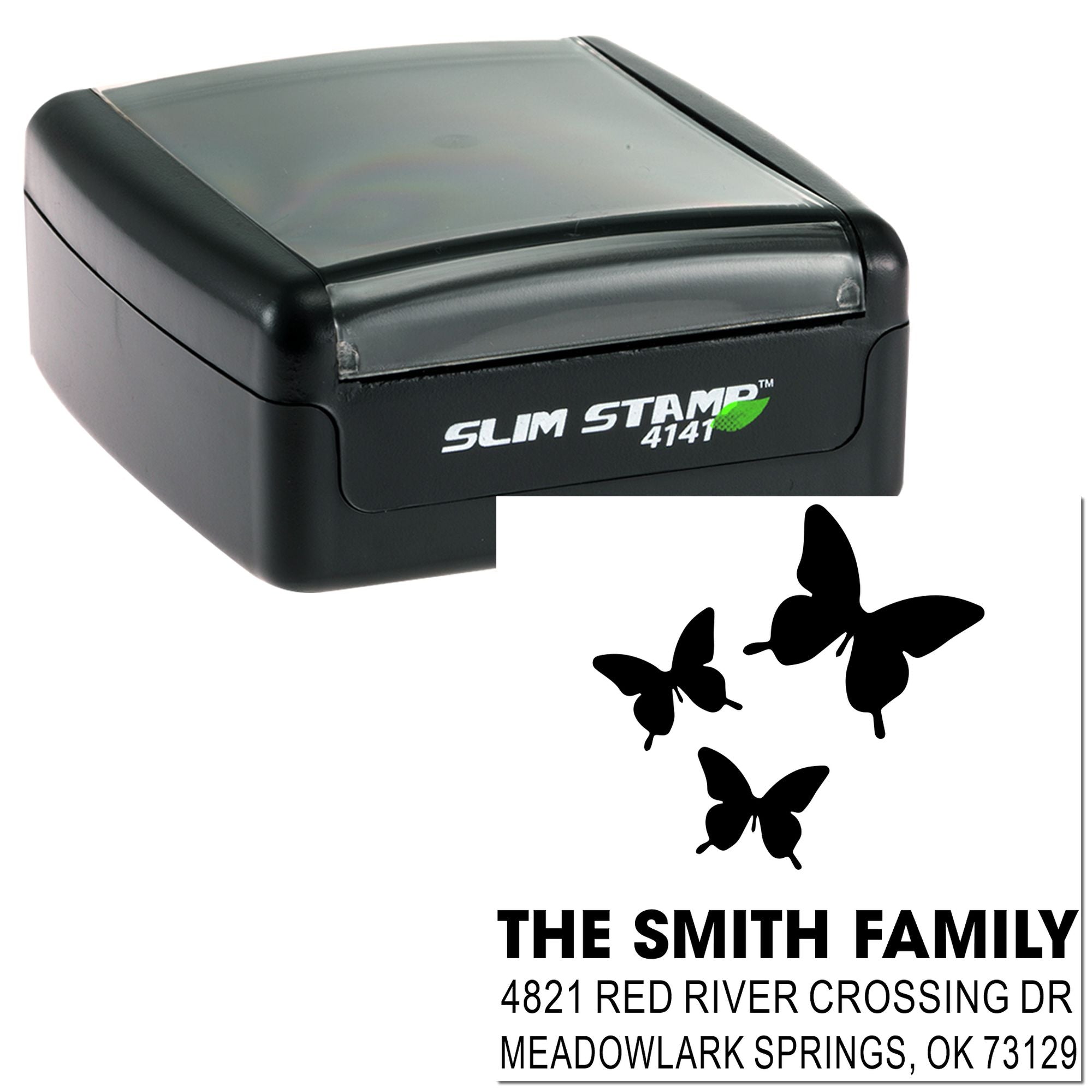 Custom Slim Stamp 4141 self-inking address stamp with butterfly design, The Smith Family name, and return address for professional mail use
