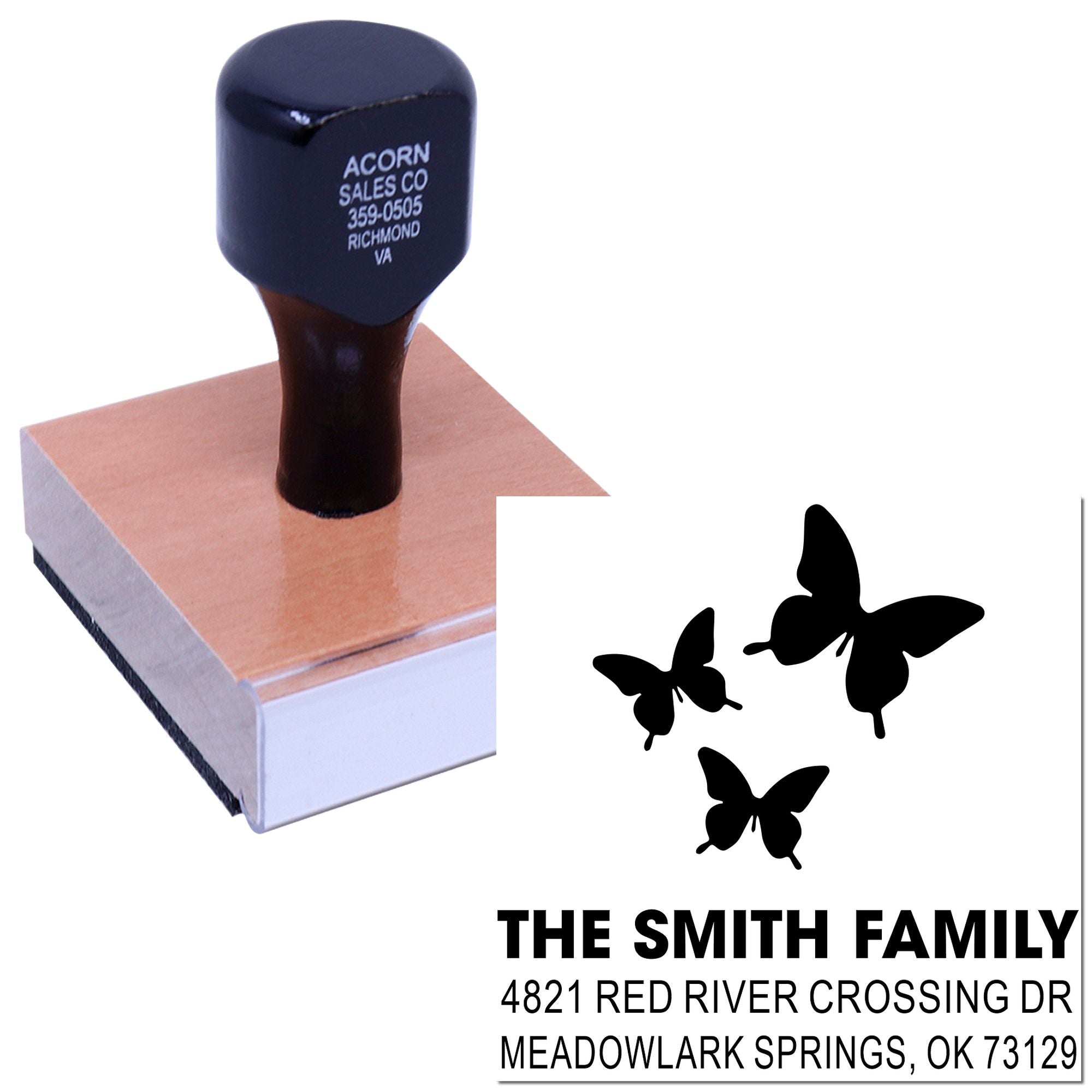 Custom rubber stamp with butterfly design and return address for The Smith Family, 4821 Red River Crossing Dr, Meadowlark Springs, OK 73129