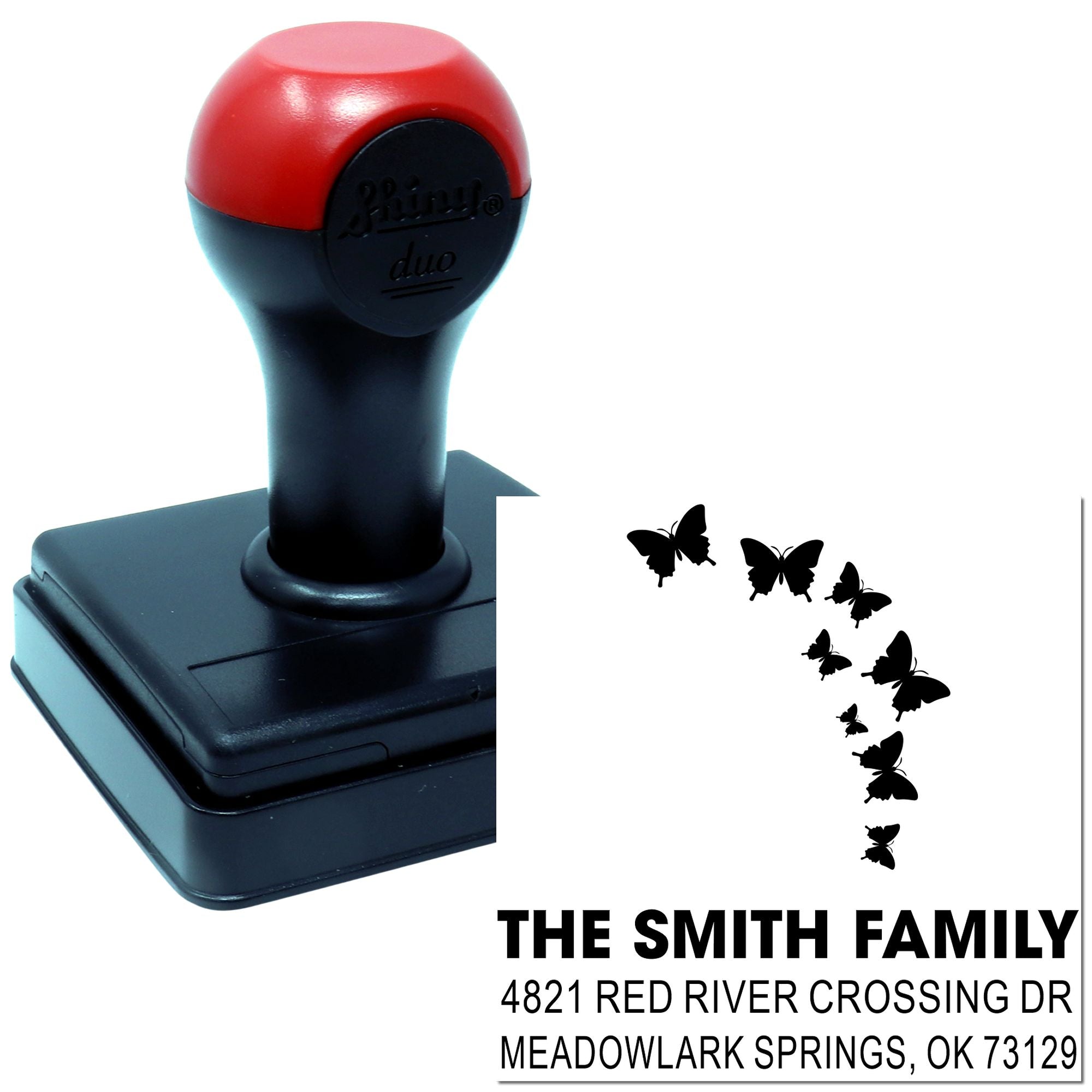 Custom self-inking rubber address stamp with butterfly design, The Smith Family name and return address for mailing envelopes, cards, and correspondence