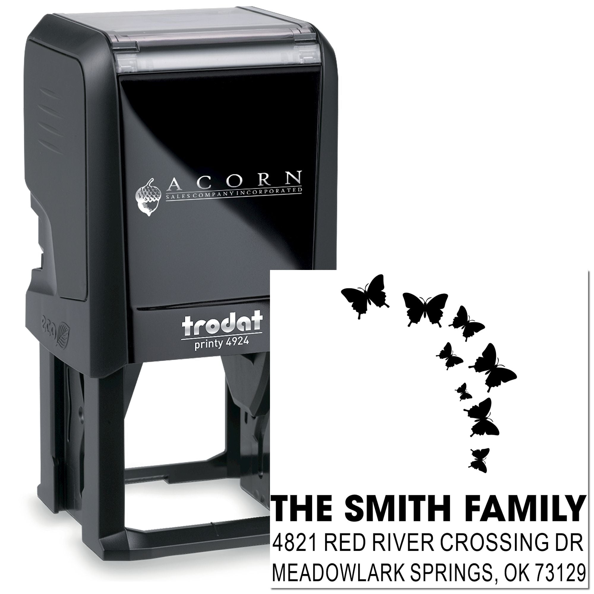 Custom self-inking rubber address stamp with butterflies, family name, and return address for The Smith Family, Trodat Printy 4924 stamper