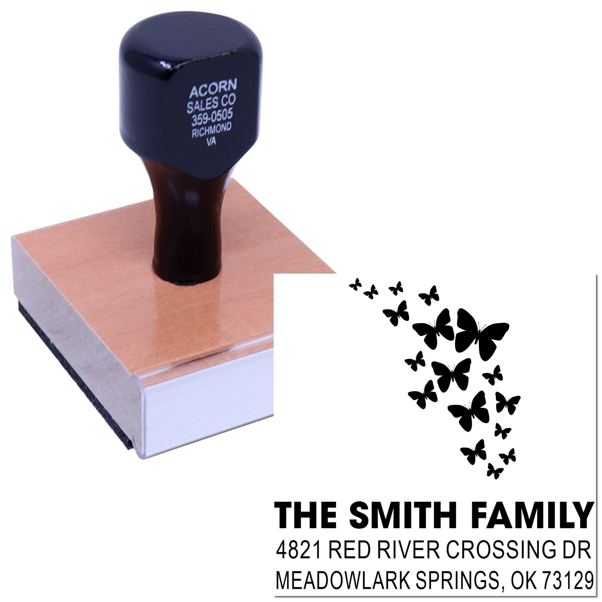 Custom self-inking rubber stamp with butterfly state design, personalized family name and return address for mailing, cards, and branding.