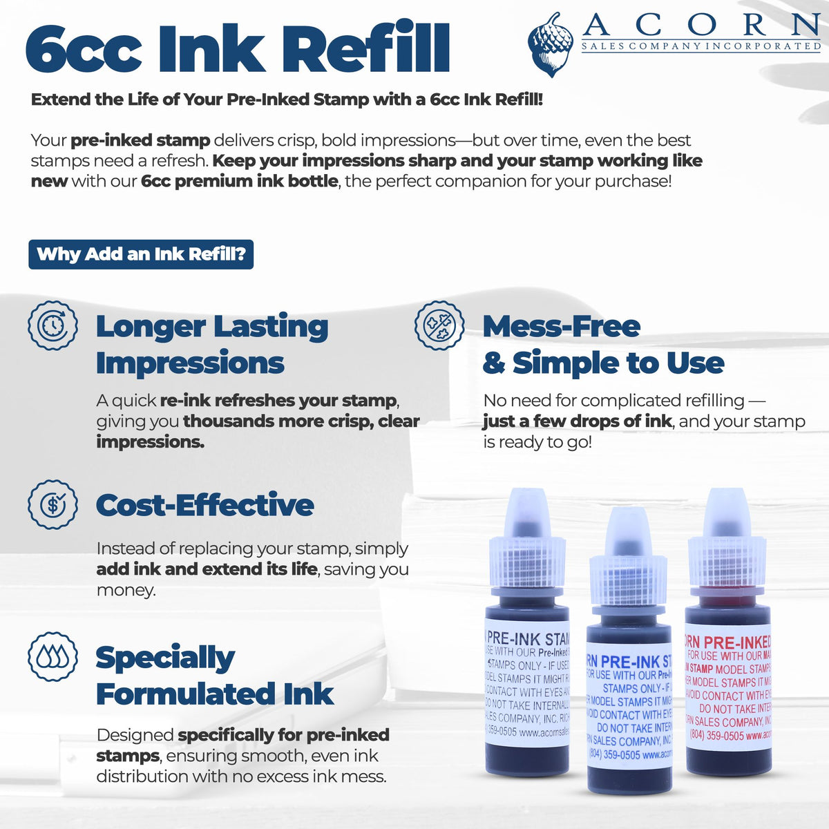 6cc ink refill for pre-inked rubber stamps, designed to extend stamp life, refresh impressions, and deliver crisp results.