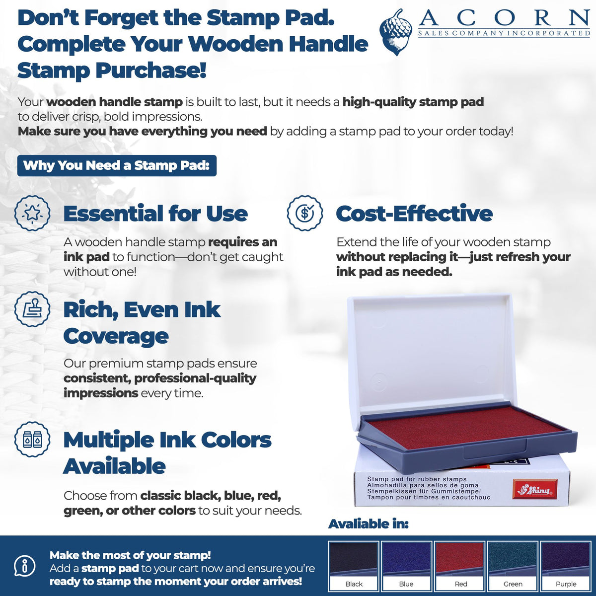 Promotional graphic for rubber stamps showing a stamp pad for wooden handle stamps with multiple ink colors and crisp impressions.