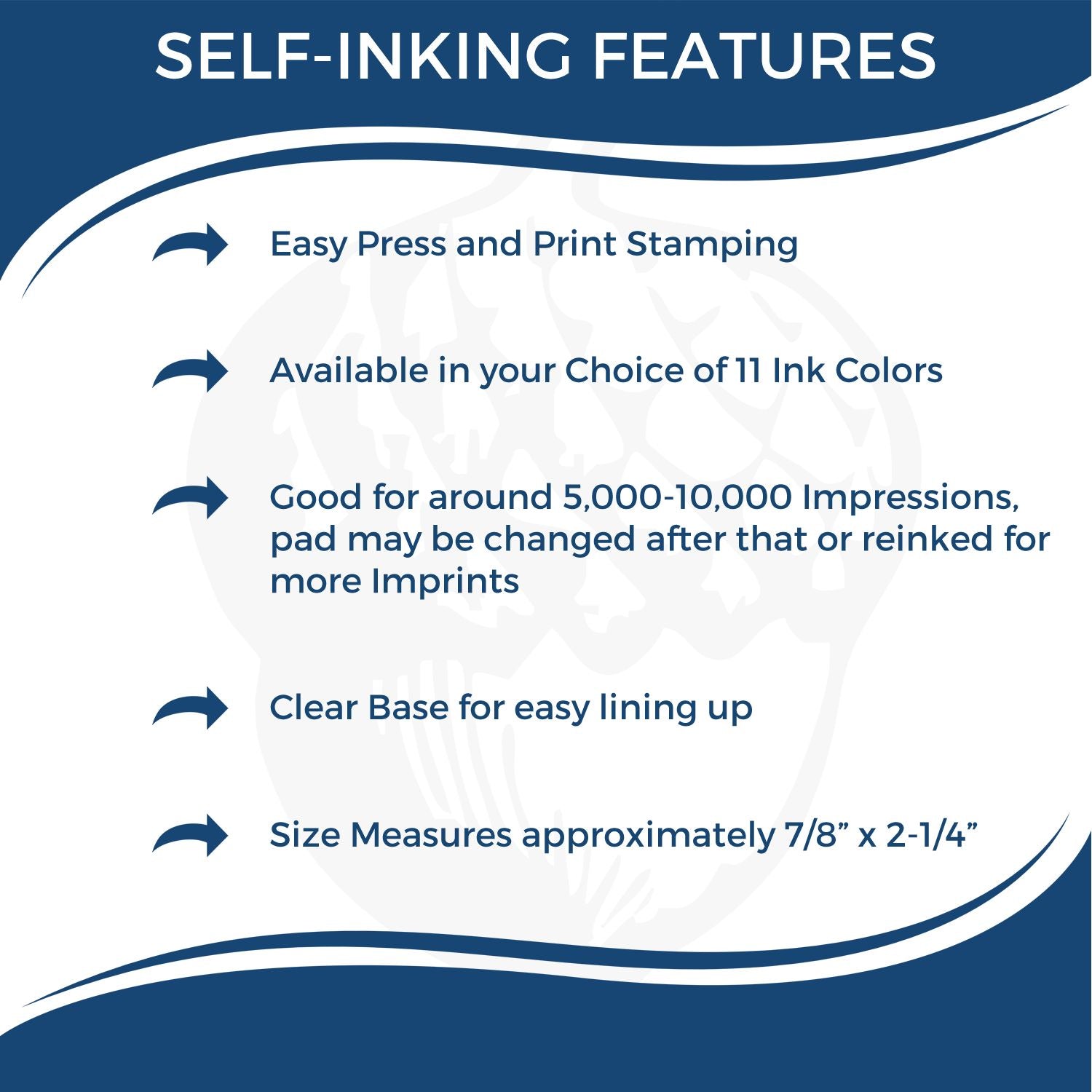 Self-inking stamp features: easy press printing, 11 ink colors, 5,00010,000 impressions, clear base alignment, 7/8x2-1/4 size.