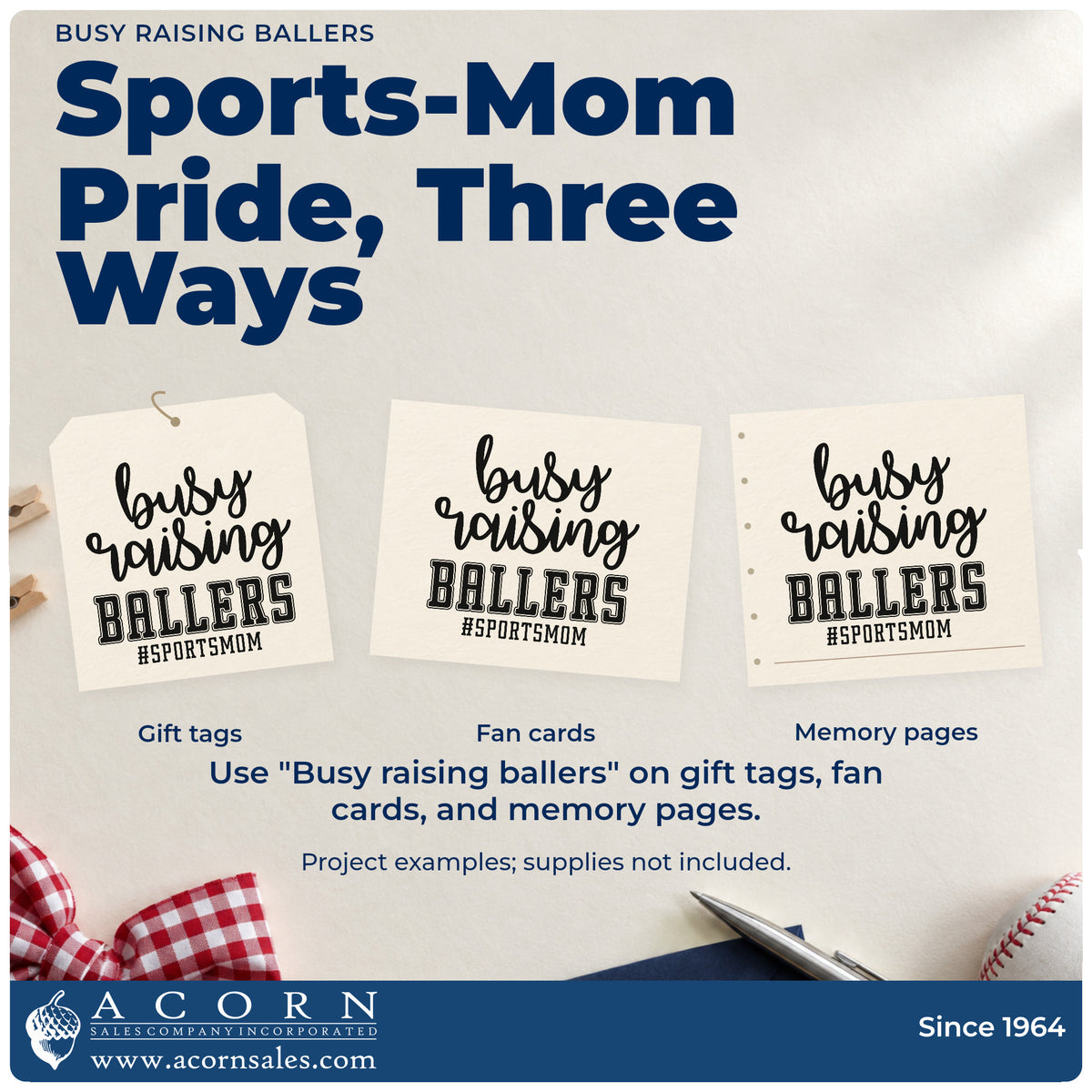 Three project examples made with the Busy Raising Ballers Script Lettering Rubber Stamp – Wood Handle, including carpool thank-you notes.