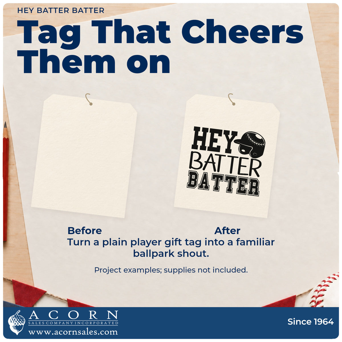 Before and after of a plain item finished with the Hey Batter Batter Batting Helmet Pre-Inked Stamp – Slim, a quick upgrade for nursery wall art.