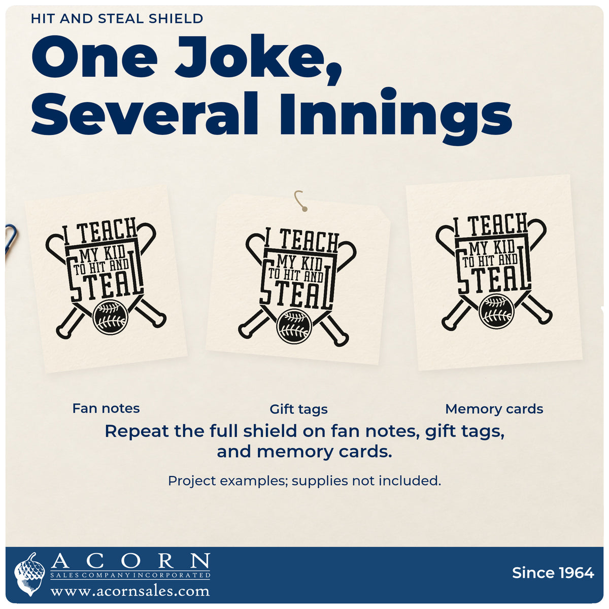 Three project examples made with the Hit And Steal Shield Crossed Baseball Bats Stamp - Premium Vintage Pro Wooden, including equipment bag tags.