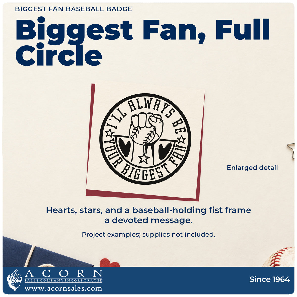 Biggest Fan Baseball Badge Wood Handle Stamp design shown close up for craft and DIY project inspiration.