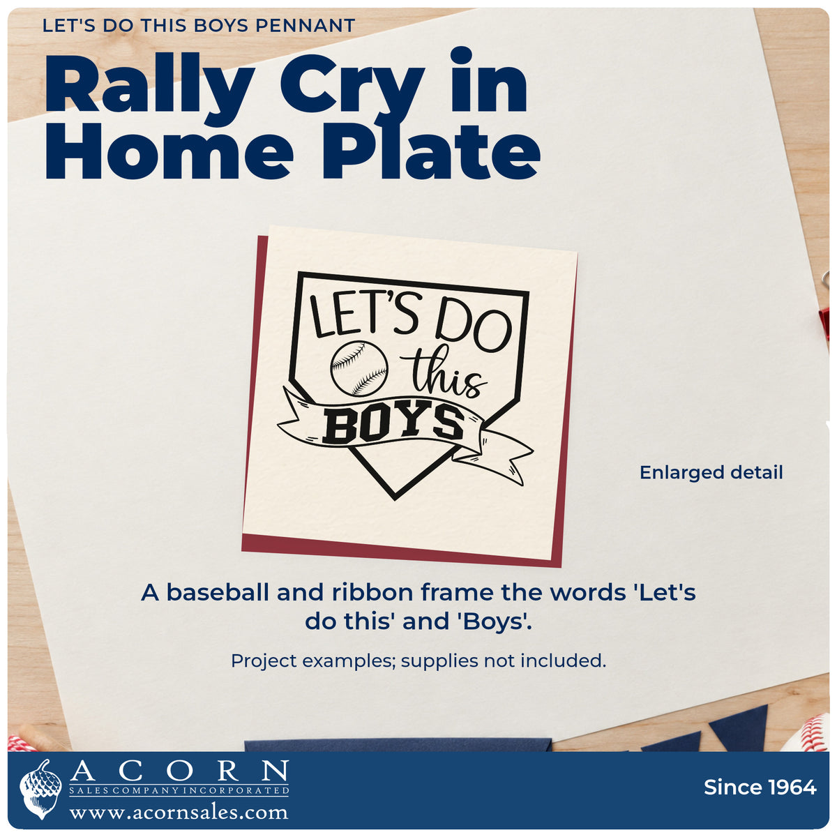 Enlarged detail of the Premium Wooden Let's Do This Boys Pennant Home Plate Badge Stamp - Vintage Pro imprint. A home plate frame contains "Let's do this" and a baseball, with "Boys" across a ribbon.