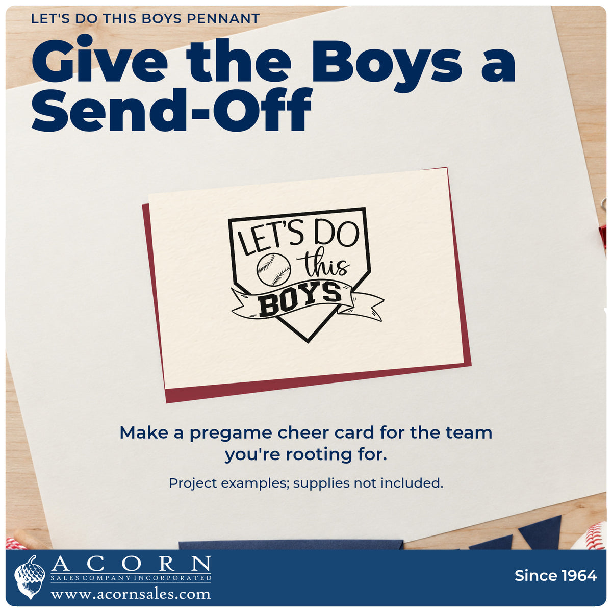A finished handmade project stamped with the Let's Do This Boys Pennant Home Plate Badge Pre-Inked Stamp – Slim, ideal for dugout signs.