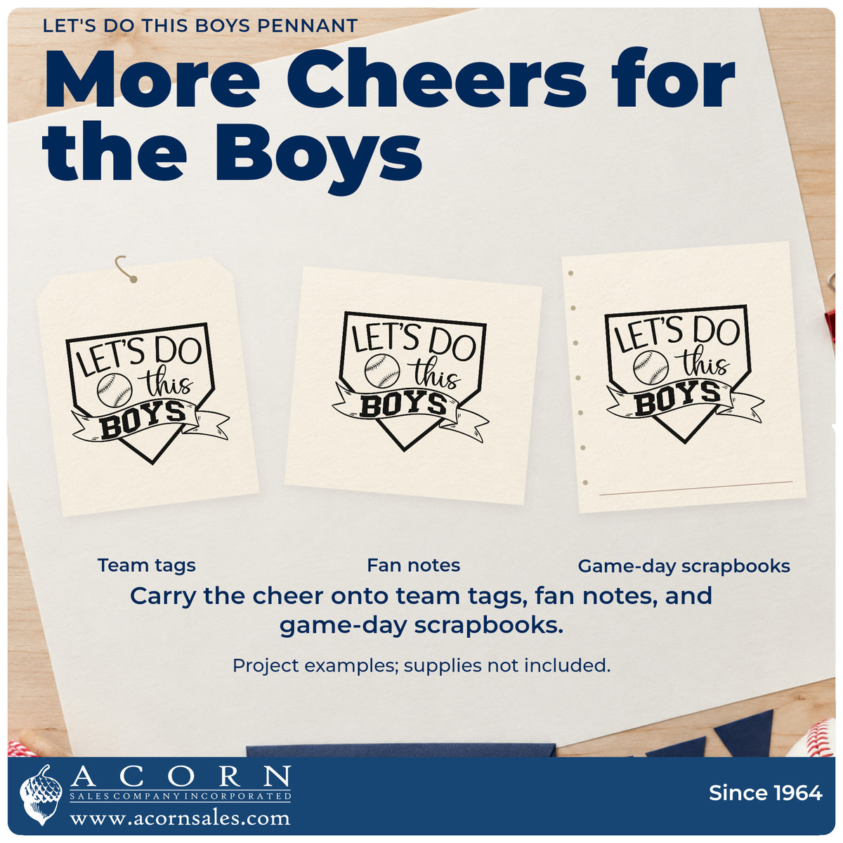 Three project examples made with the Let's Do This Boys Pennant Home Plate Badge Pre-Inked Stamp – Slim, including season scrapbook openers.
