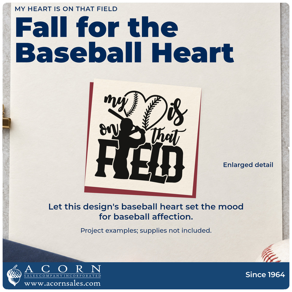 Enlarged detail of the My Heart Is On That Field Pre-Inked Stamp – PSI imprint. A baseball heart and player silhouettes accompany "My heart is on that field."
