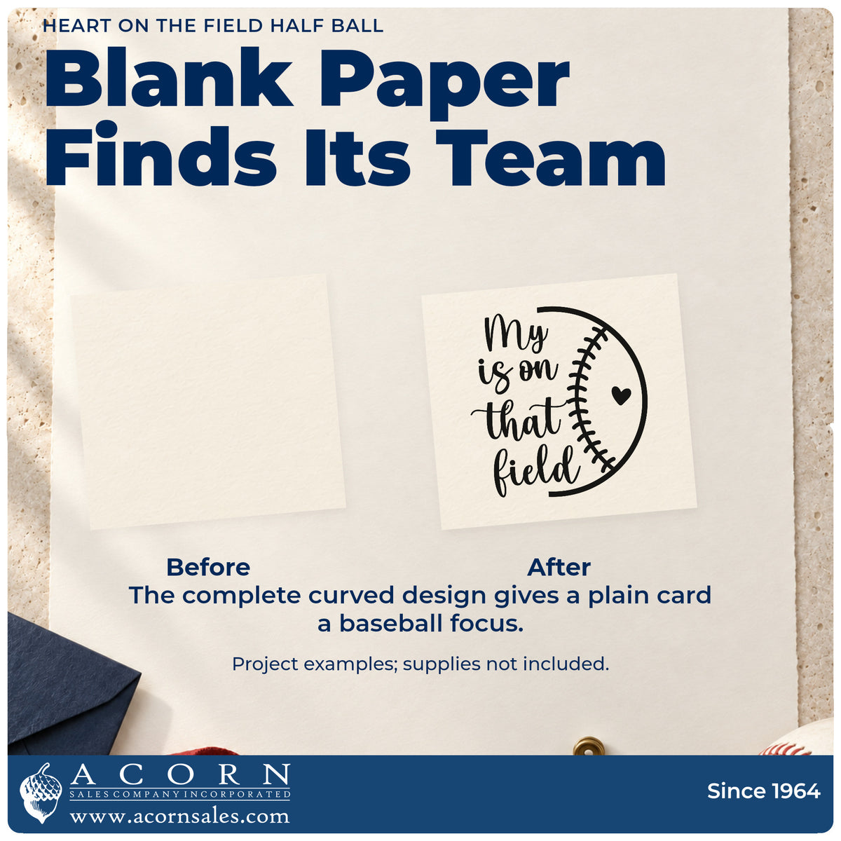 Before and after of a plain item finished with the Half Baseball Outline With Heart Rubber Stamp – Wood Handle, a quick upgrade for tote bag printing.