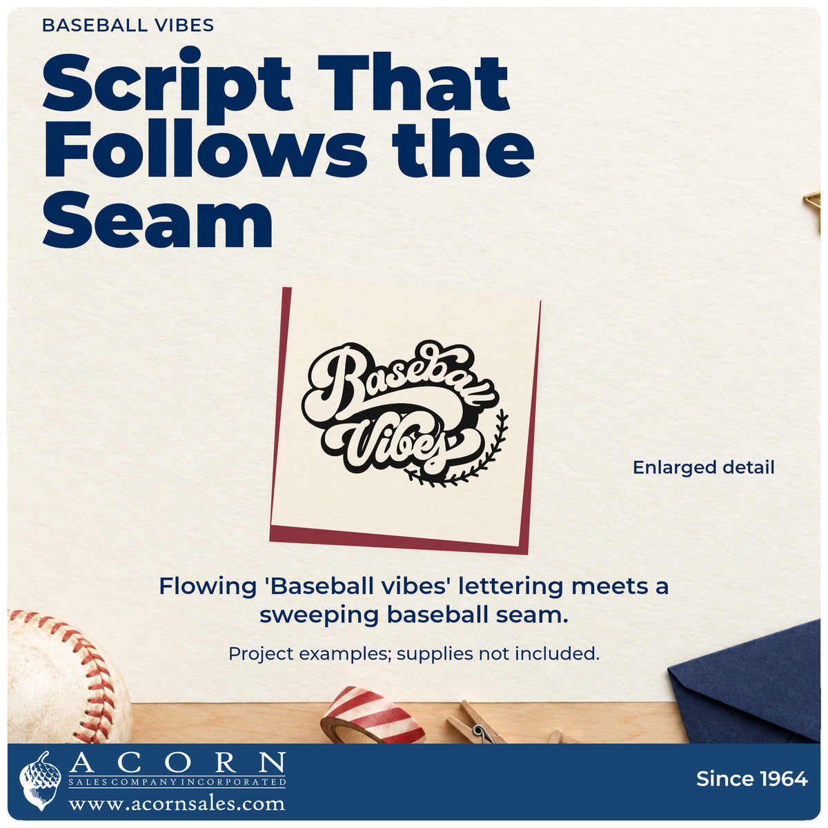 Enlarged detail of the Baseball Vibes Self-Inking Stamp imprint. Flowing "Baseball vibes" lettering is accented by a sweeping baseball seam.