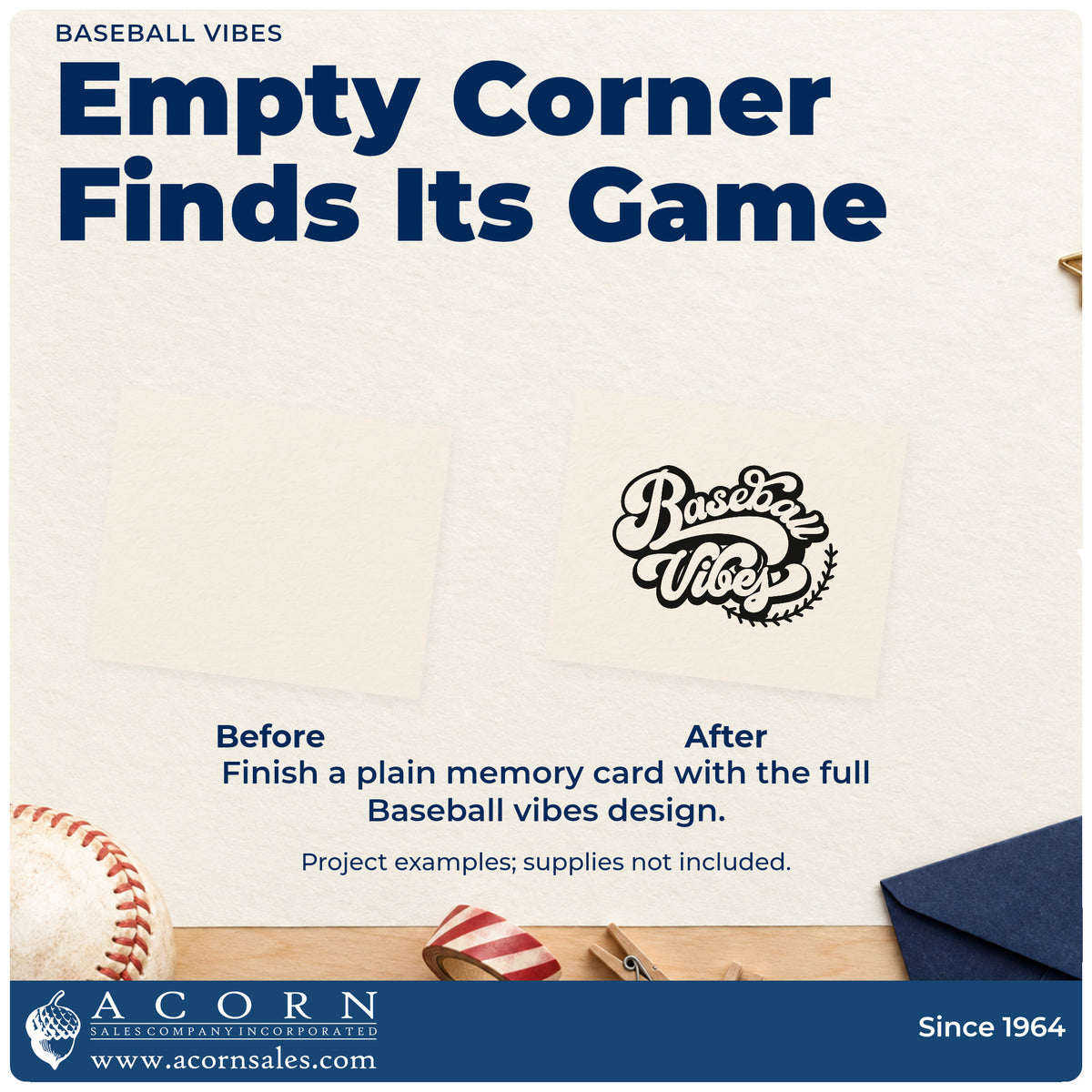 Before and after of a plain item finished with the Baseball Vibes Self-Inking Stamp, a quick upgrade for kraft gift wrap.