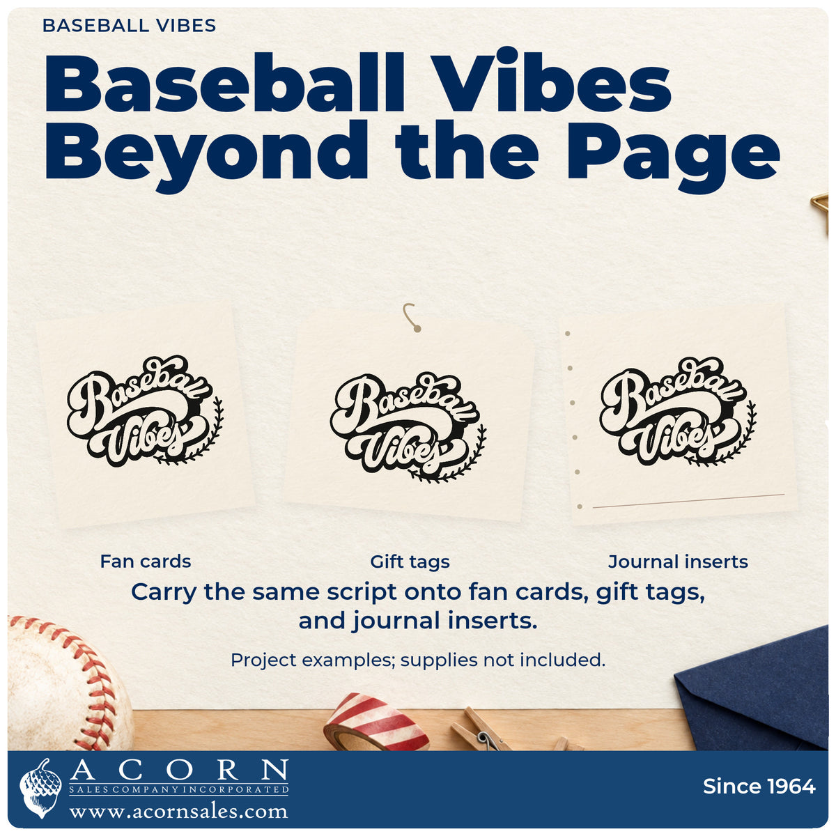 Three project examples made with the Baseball Vibes Self-Inking Stamp, including planner headers.