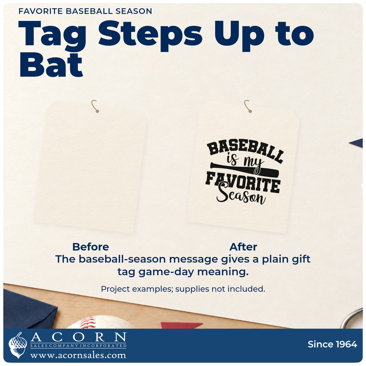 Before and after of a plain item finished with the Baseball Is My Favorite Season Rubber Stamp – Duo Hand, a quick upgrade for new glove gift tags.