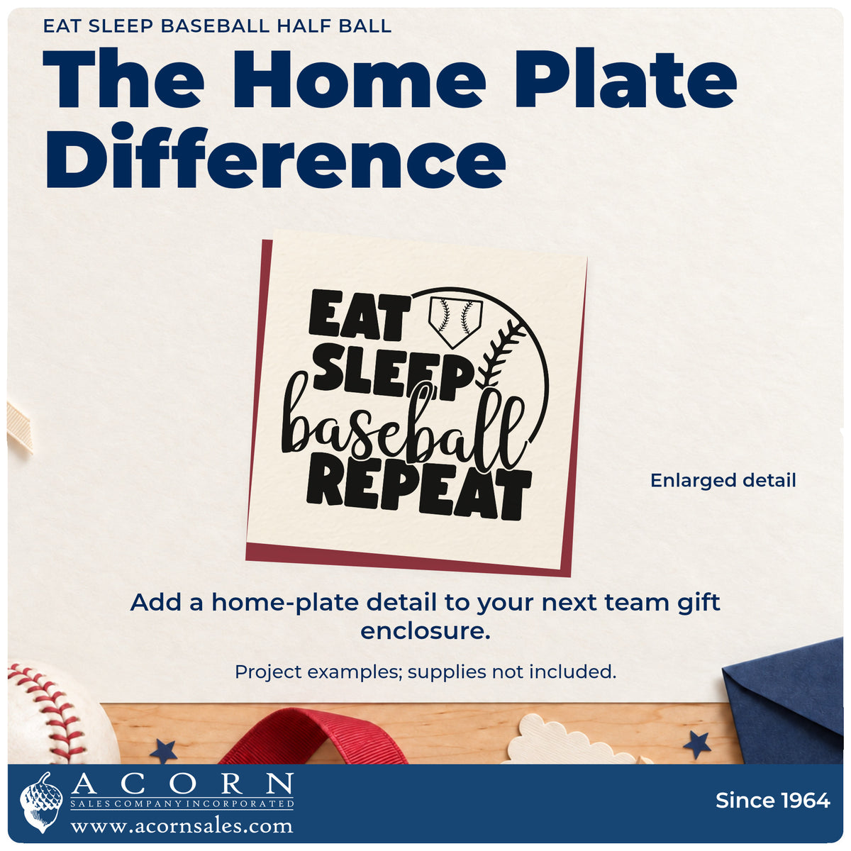 Eat Sleep Baseball Half Ball Home Plate Badge Rubber Stamp – Wood Handle design shown close up for craft and DIY project inspiration.