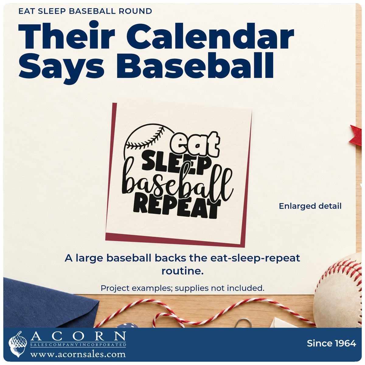 Slim Pre-Inked Eat Sleep Baseball Round Stamp design shown close up for craft and DIY project inspiration.
