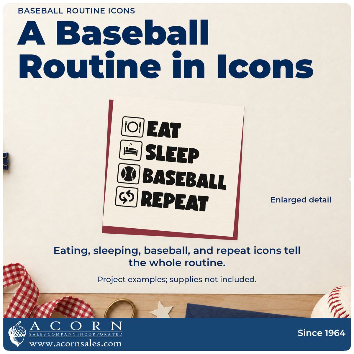 Enlarged detail of the Self-Inking Baseball Routine Icons Stamp imprint. Utensil, bed, baseball, and repeat-arrow icons appear beside stacked "Eat sleep baseball repeat" lettering.