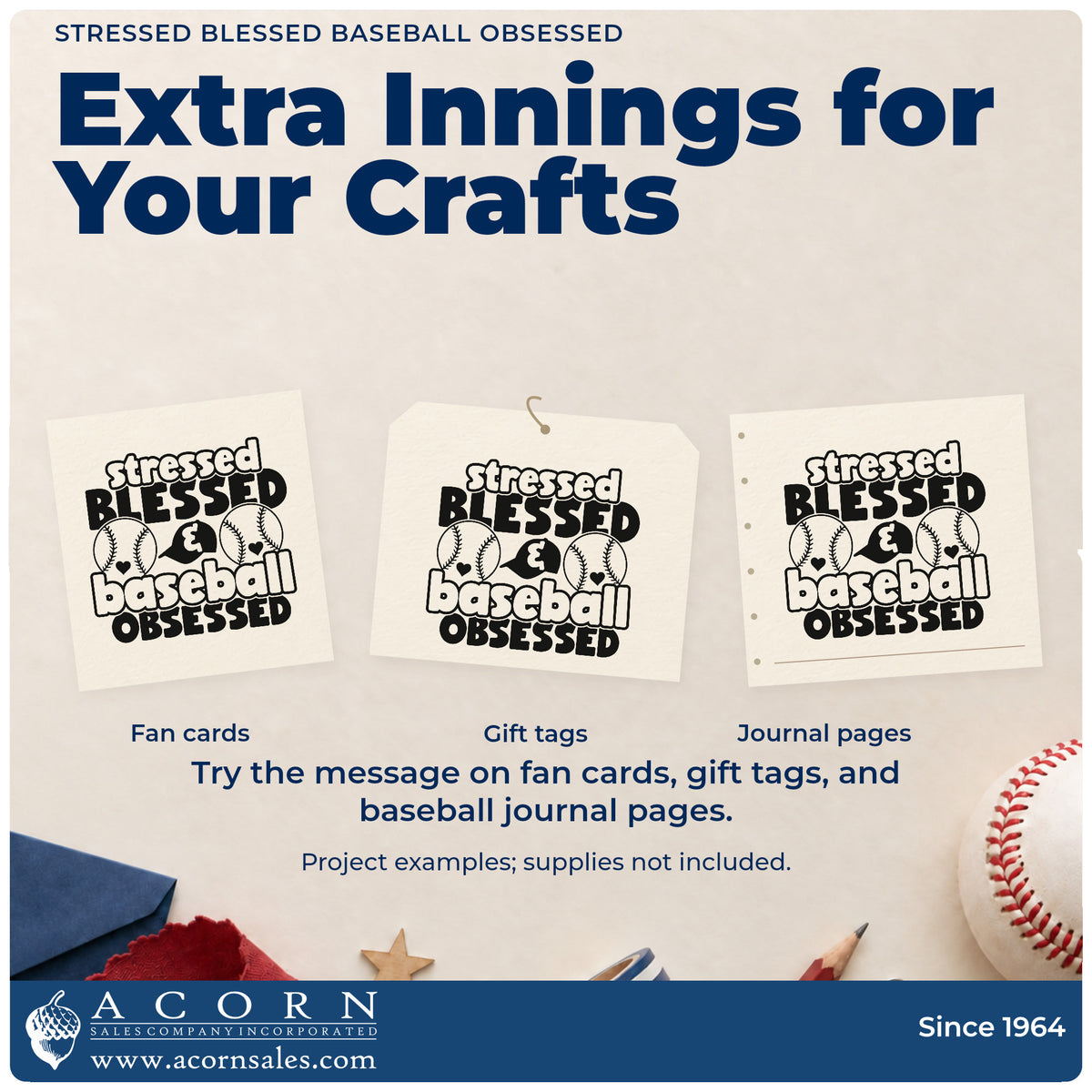 More project ideas and possibilities using the Stressed Blessed & Baseball Obsessed Wood Handle Stamp.