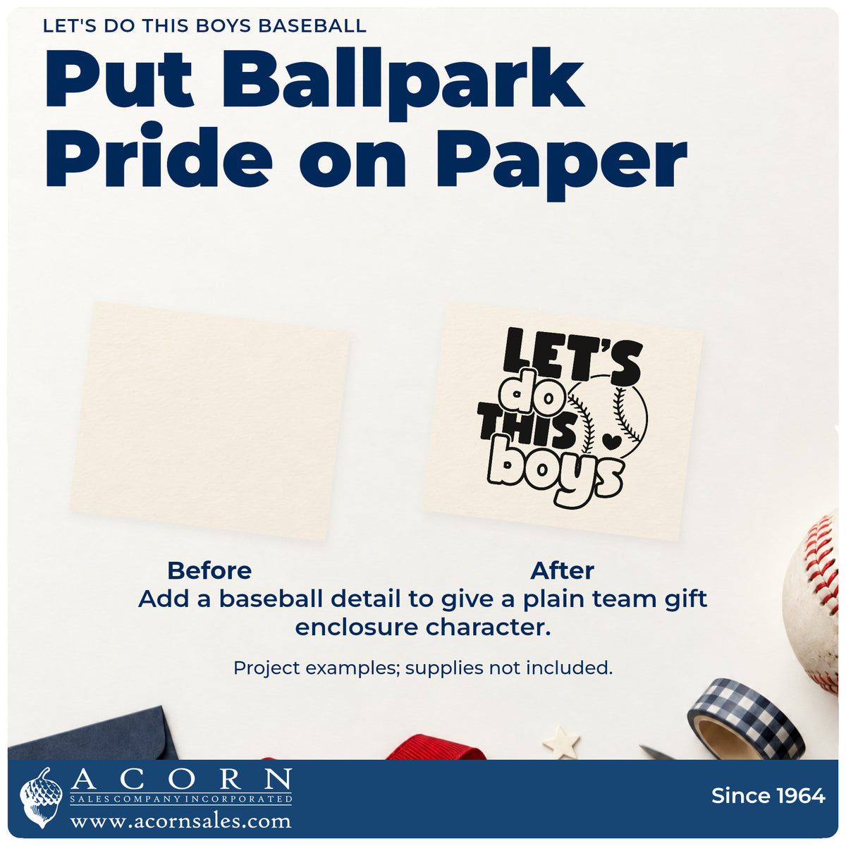 Before and after of a plain item finished with the Let's Do This Boys Baseball Premium Wooden Stamp - Vintage Pro, a quick upgrade for tournament hotel signs.