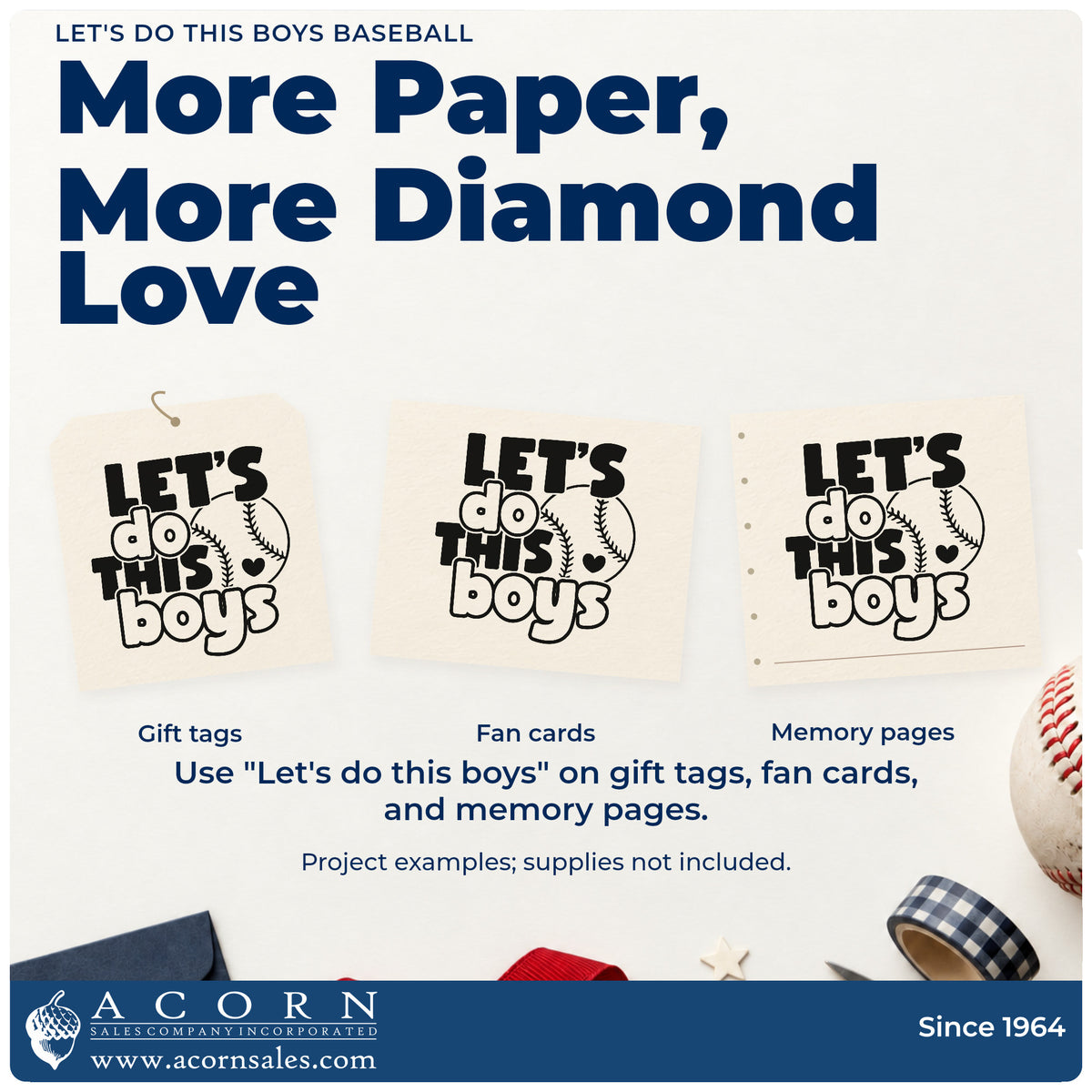 Three project examples made with the Self-Inking Let's Do This Boys Baseball Stamp, including scrapbook openers.