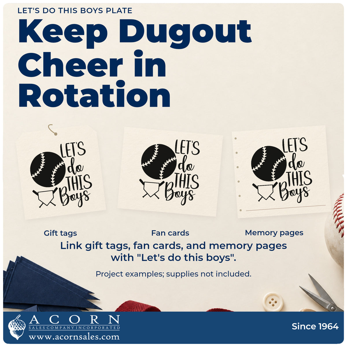 Three project examples made with the Let's Do This Boys Plate Crossed Baseball Bats PSI Pre-Inked Stamp, including fundraiser raffle tickets.