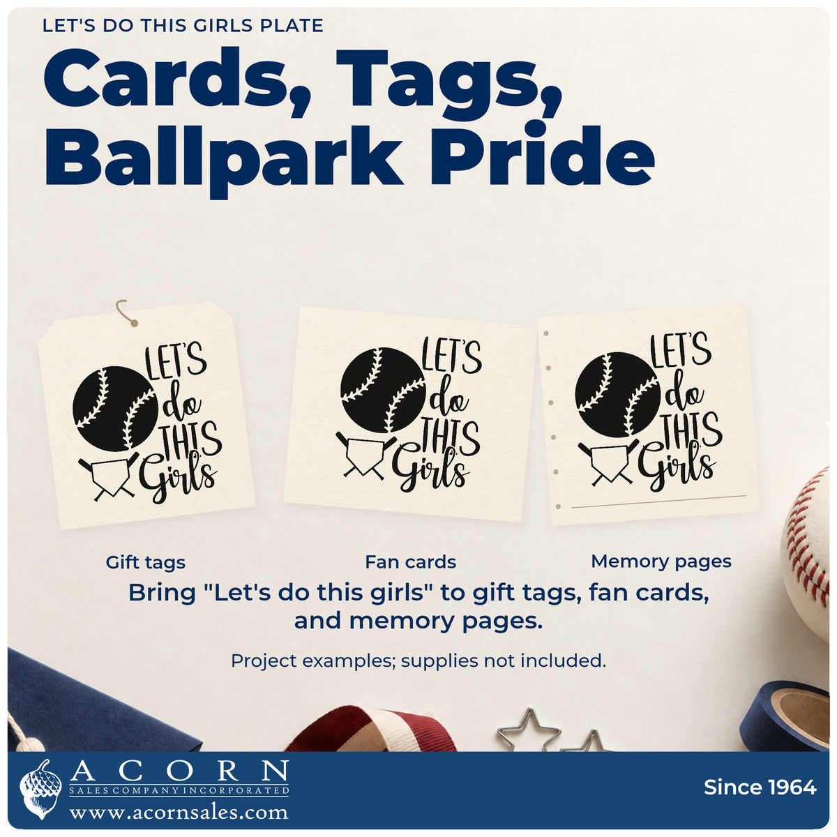 Three project examples made with the Let's Do This Girls Plate Crossed Baseball Bats Rubber Stamp – Wood Handle, including season album corners.