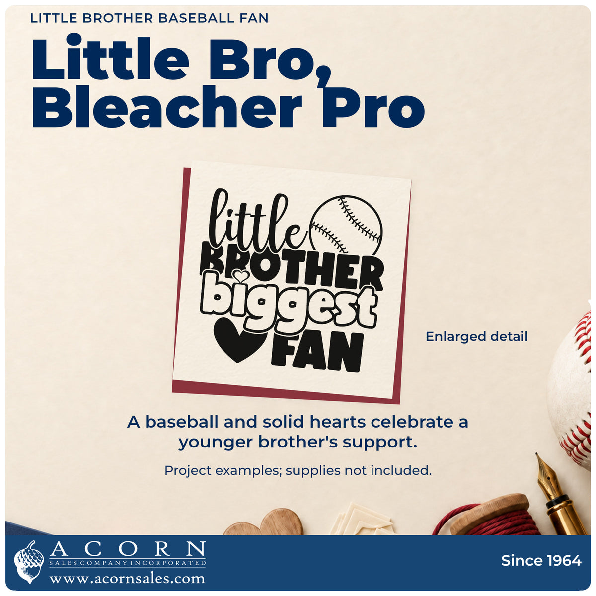 Little Brother Baseball Fan Wood Handle Stamp design shown close up for craft and DIY project inspiration.